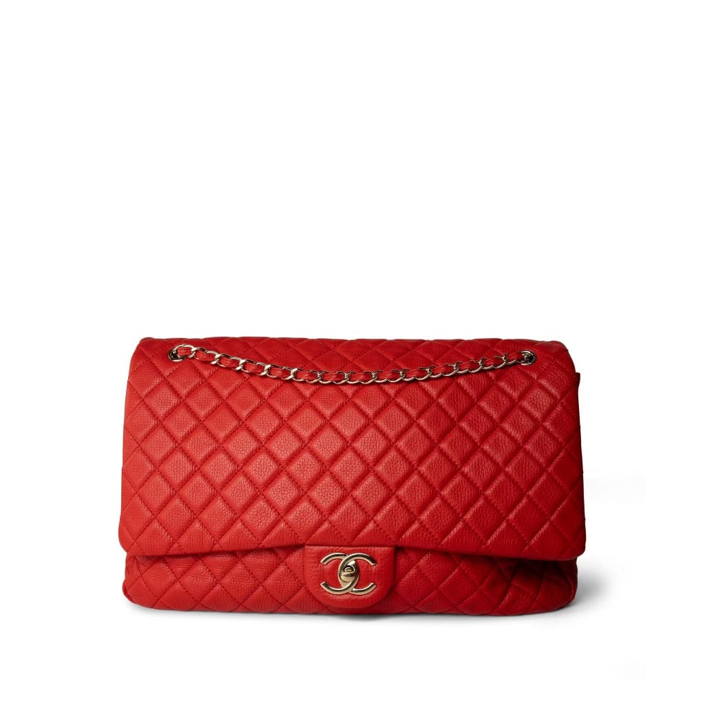 CHANEL Handbag Red Red Grained Calfskin XXL Travel Flap Bag Light Gold Hardware - Redeluxe