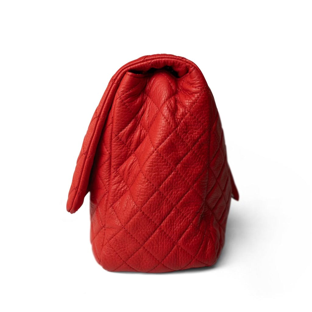 CHANEL Handbag Red Red Grained Calfskin XXL Travel Flap Bag Light Gold Hardware - Redeluxe