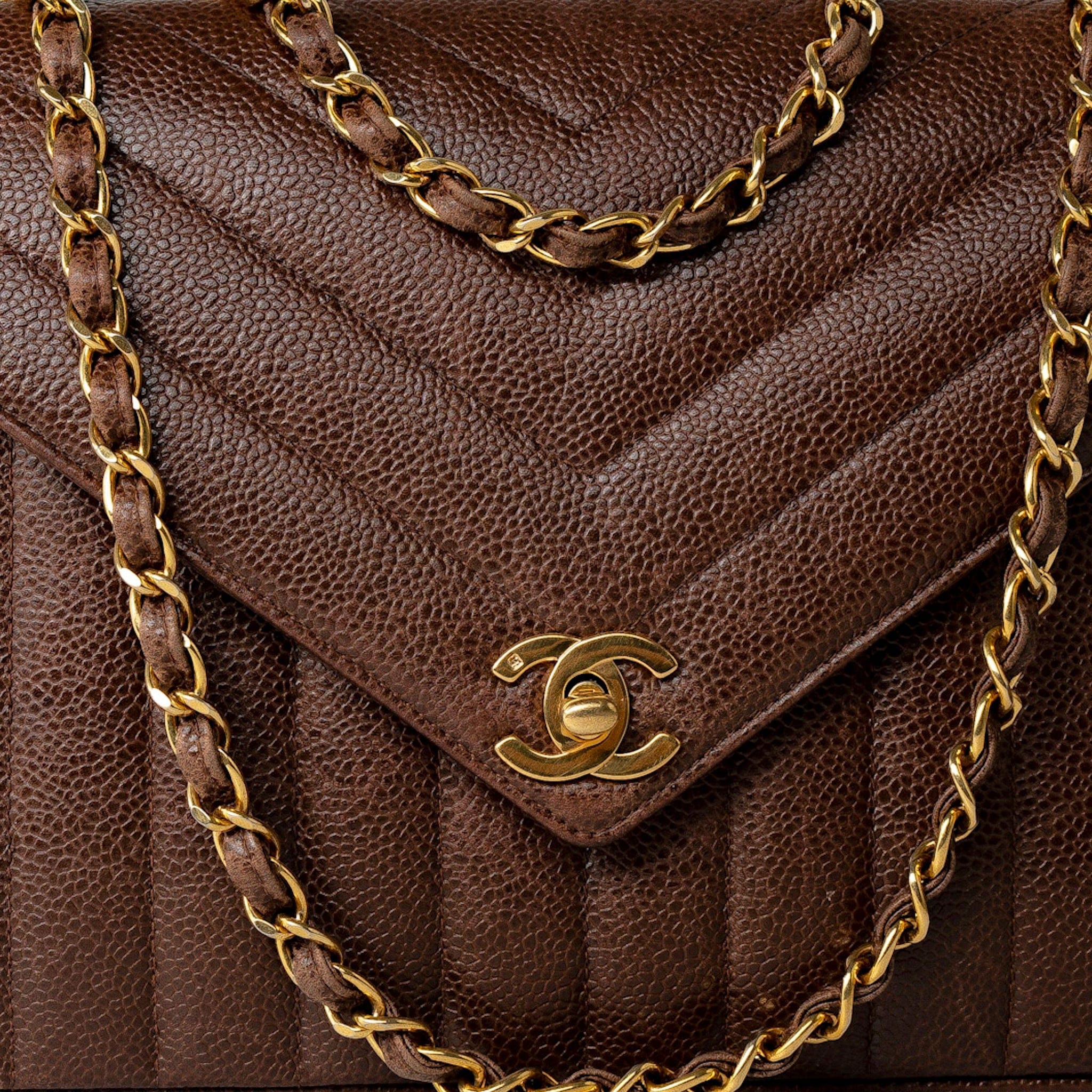 CHANEL Handbag Repair of Vintage Brown Caviar Chevron Coco Envelope Gold Hardware - Redeluxe