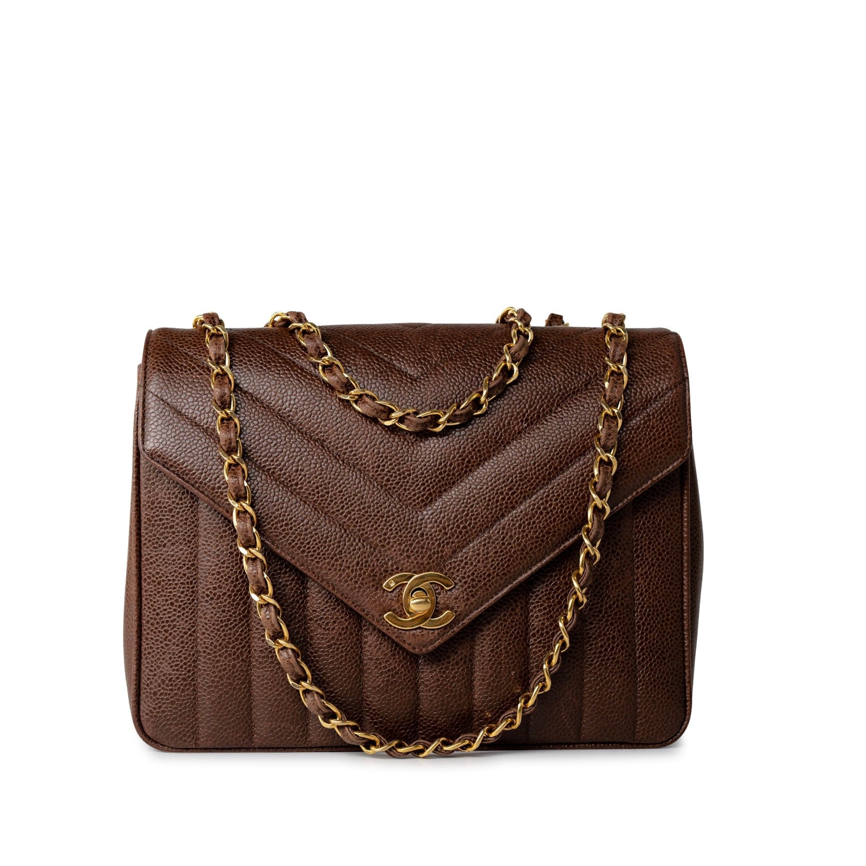 CHANEL Handbag Repair of Vintage Brown Caviar Chevron Coco Envelope Gold Hardware - Redeluxe