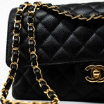 CHANEL Handbag (Rev) Medium Black Caviar Quilted Classic Flap Gold Hardware - Redeluxe