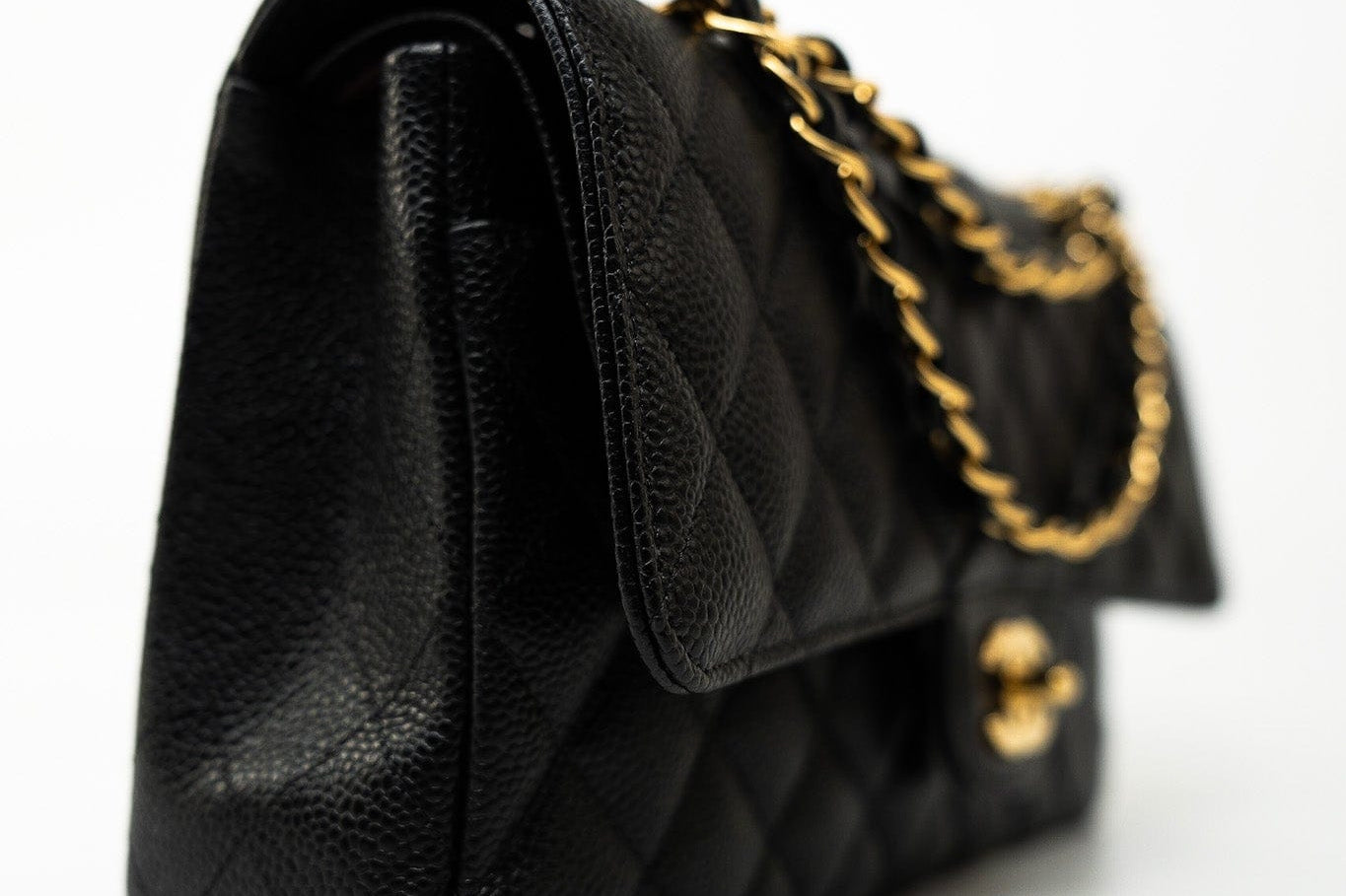 CHANEL Handbag (Rev) Medium Black Caviar Quilted Classic Flap Gold Hardware - Redeluxe