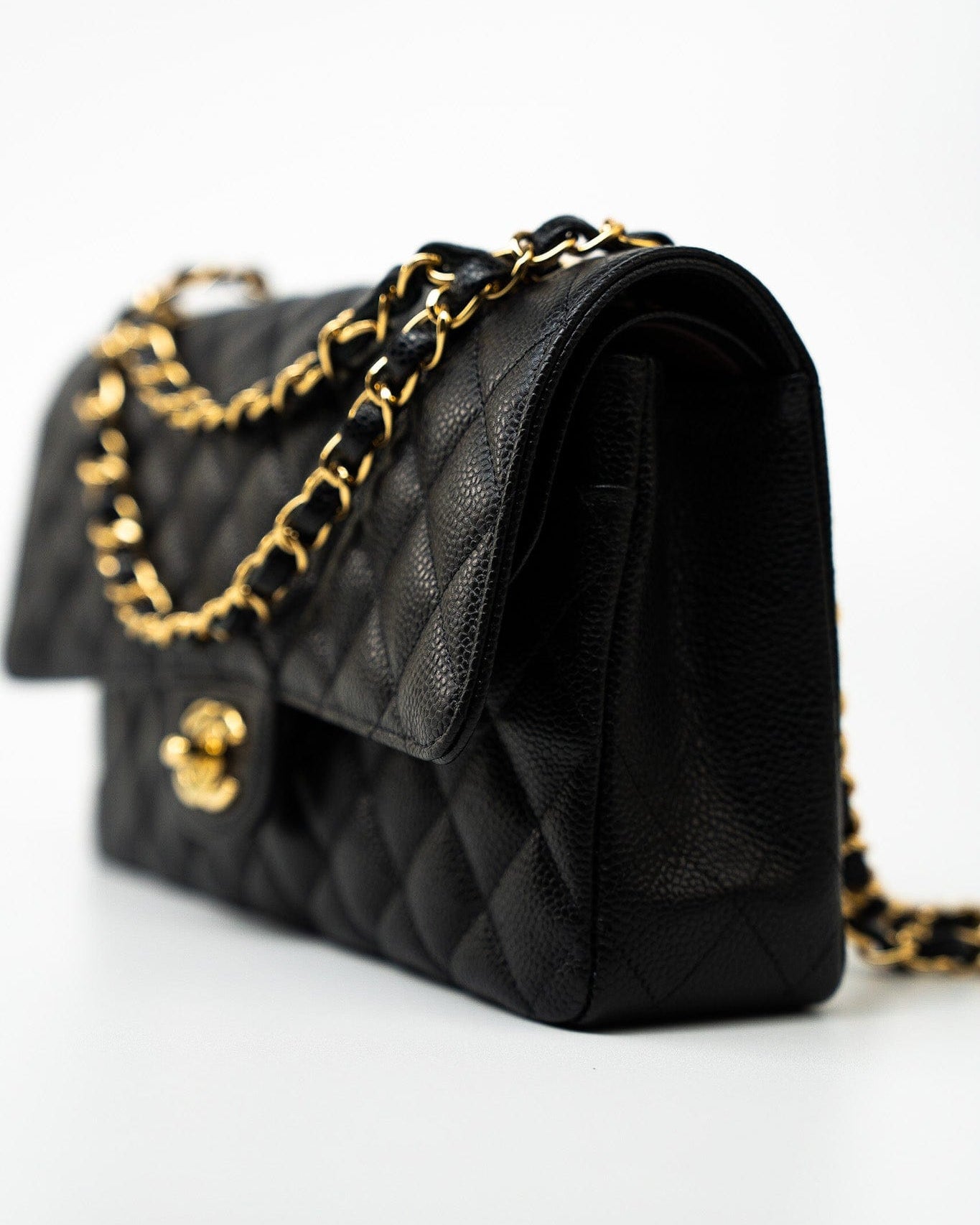 CHANEL Handbag (Rev) Medium Black Caviar Quilted Classic Flap Gold Hardware - Redeluxe