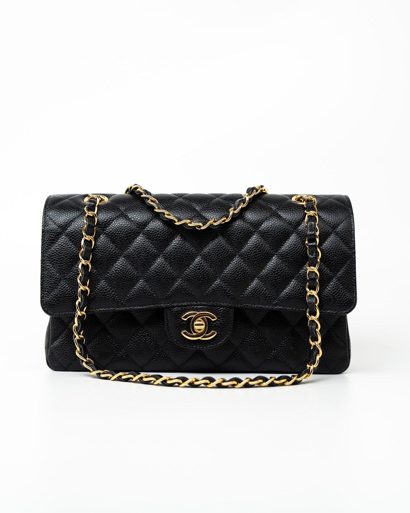 CHANEL Handbag (Rev) Medium Black Caviar Quilted Classic Flap Gold Hardware - Redeluxe