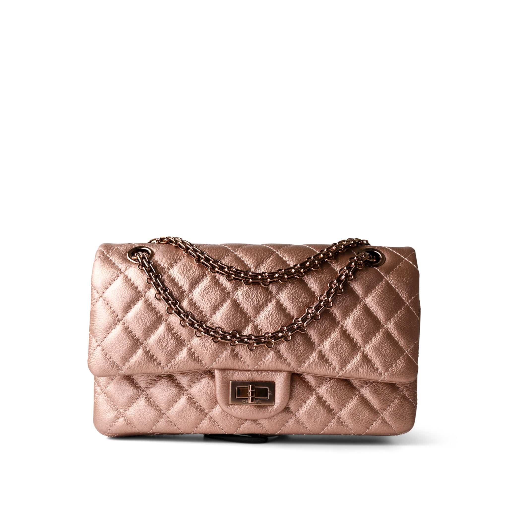 CHANEL Handbag Rose 2.55 Rose Gold Grained Calfskin Quilted Medium Double Flap - Redeluxe