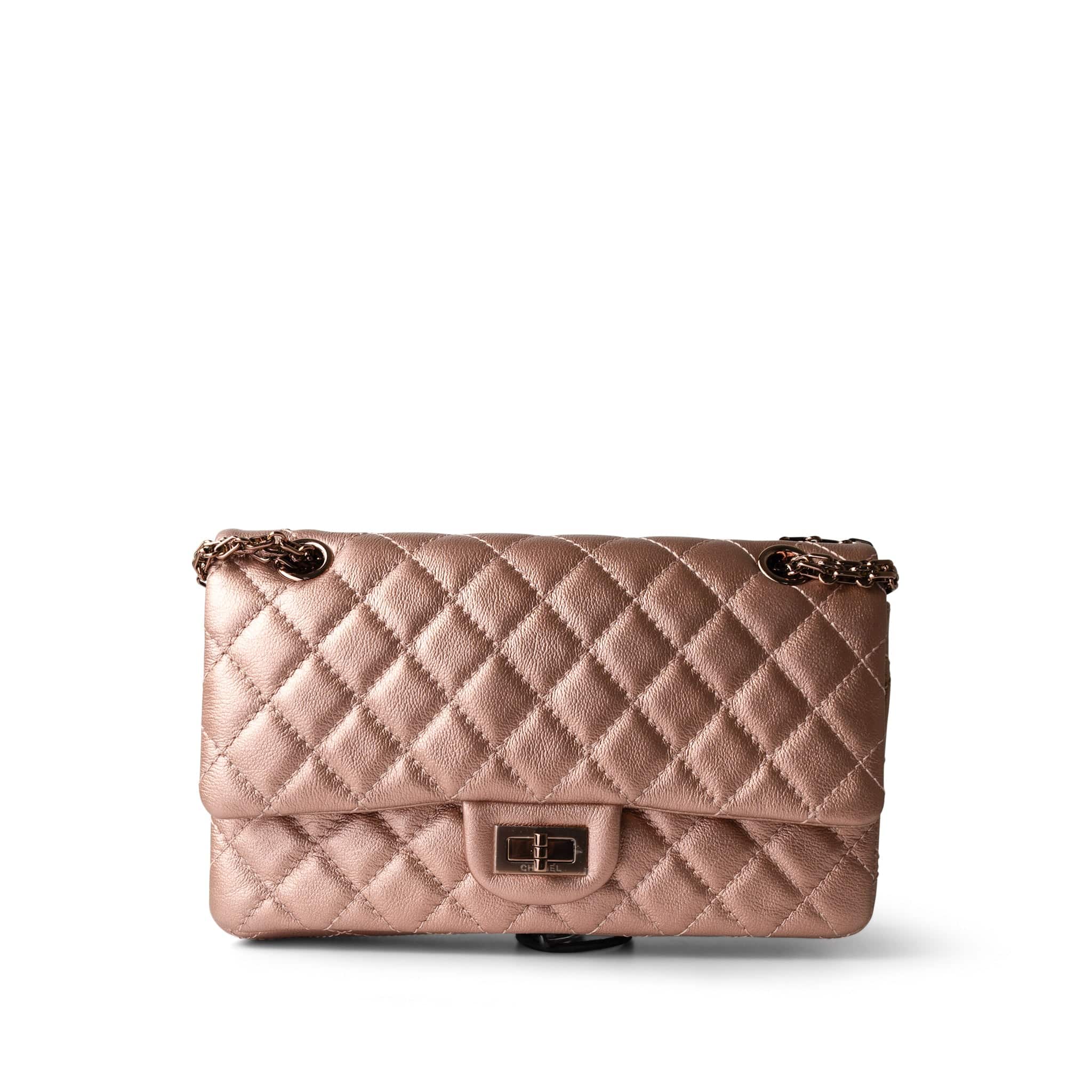 CHANEL Handbag Rose 2.55 Rose Gold Grained Calfskin Quilted Medium Double Flap - Redeluxe