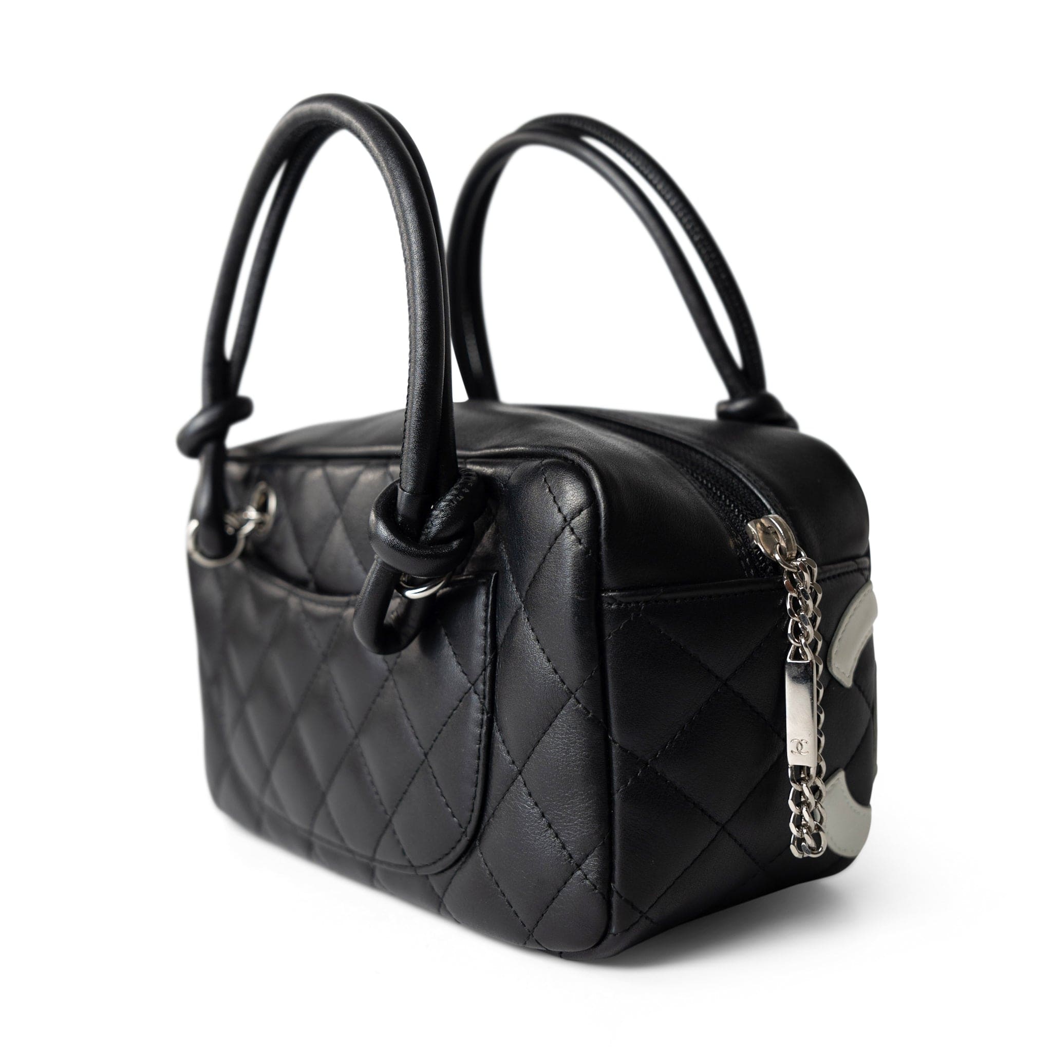 CHANEL Handbag Seasonal / Black Black Calfskin Quilted Small Cambon Bowler Silver Hardware (Pink Interior) - Redeluxe