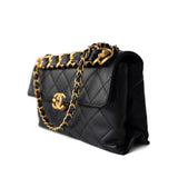 CHANEL Handbag Seasonal / Black Black Lambskin Quilted Chain Infinity Single Flap Antique Gold Hardware - Redeluxe