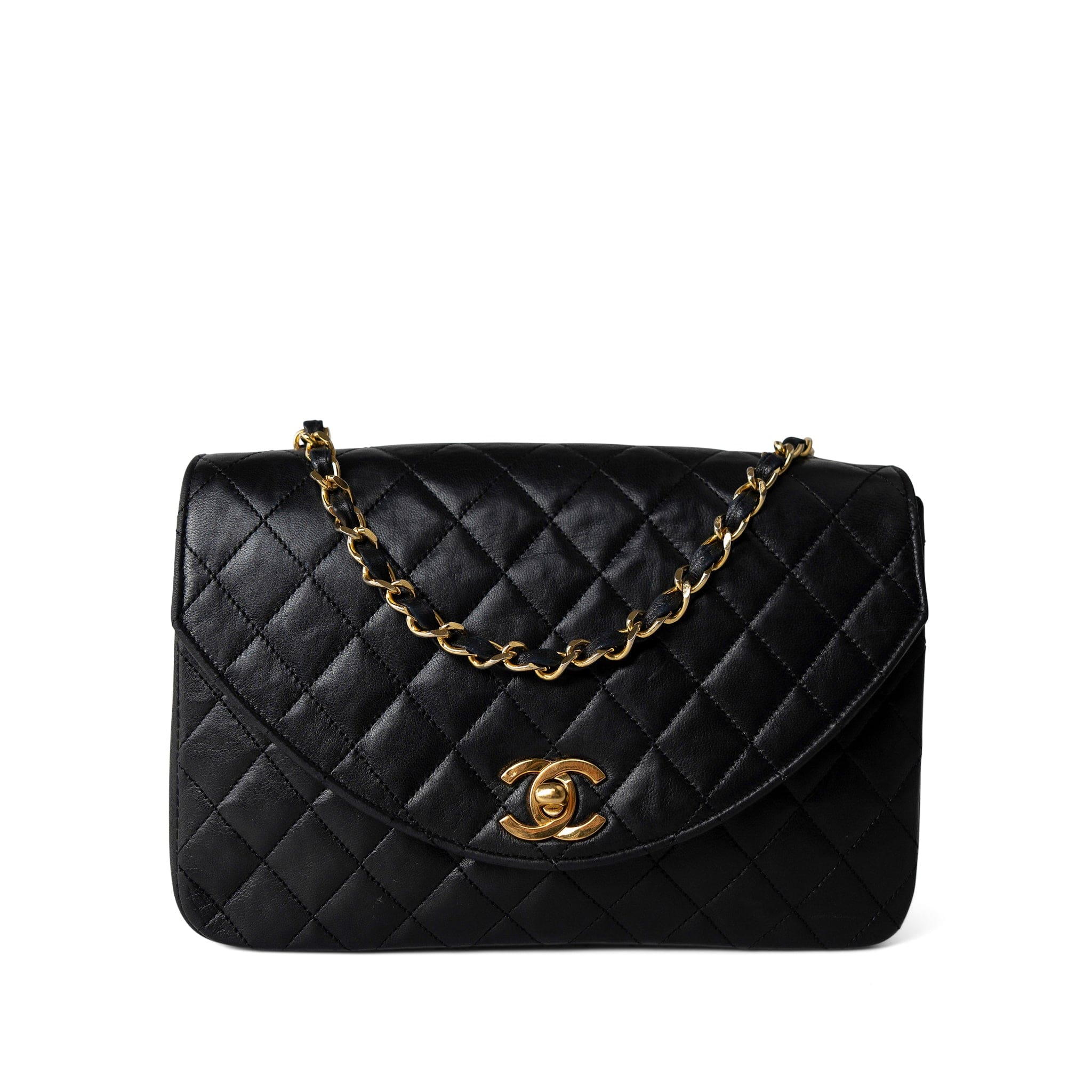 CHANEL Handbag Seasonal / Black Vintage Black Lambskin Quilted Rounded Flap Gold Hardware - Redeluxe