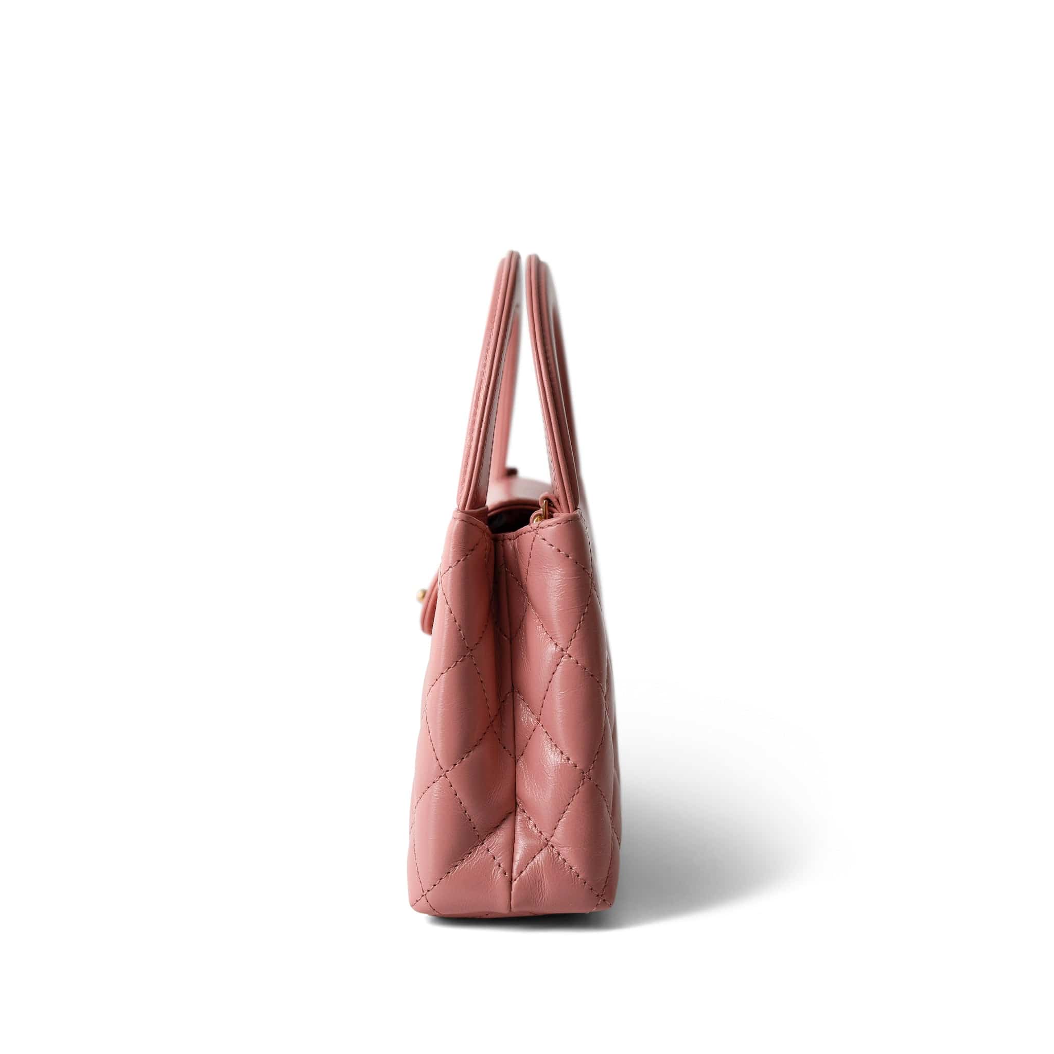 CHANEL Handbag Pink Shiny Aged Calfskin Quilted Nano Kelly Shopper Coral Pink - Redeluxe