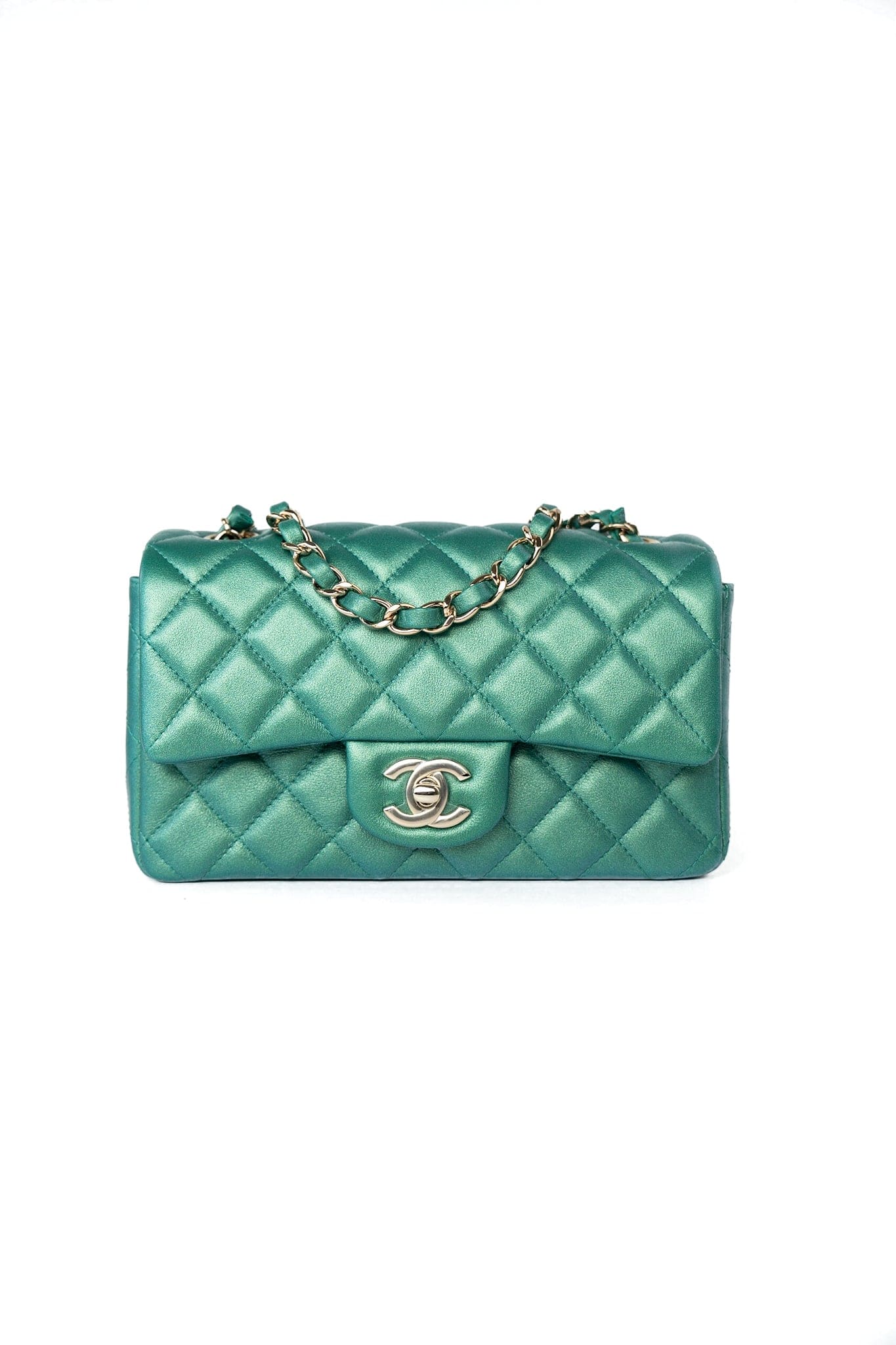 22A Iridescent Green Lambskin Quilted Mini Rectangular Single Flap