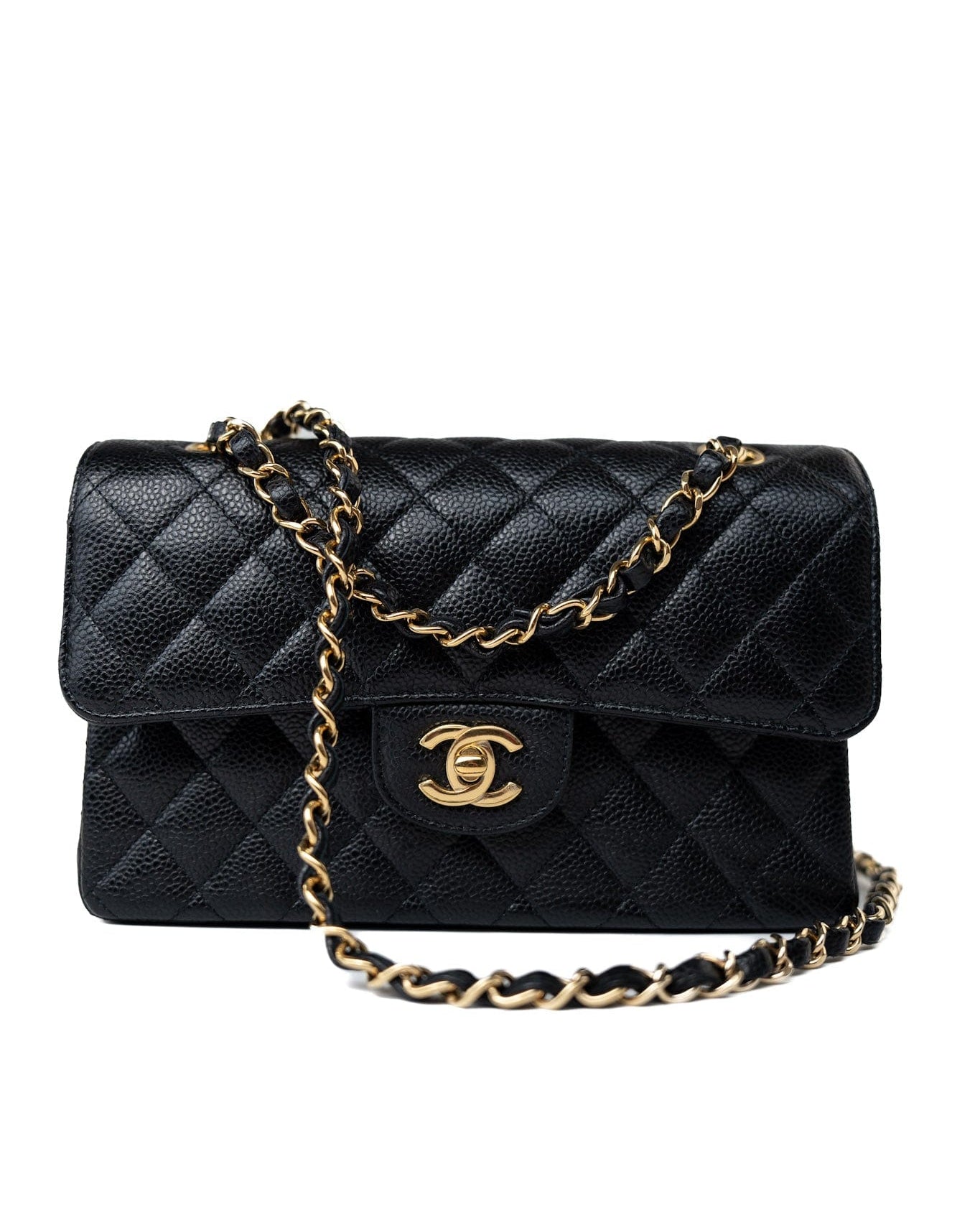 CHANEL Handbag Small Black Caviar Quilted Classic Flap Gold Hardware - Redeluxe