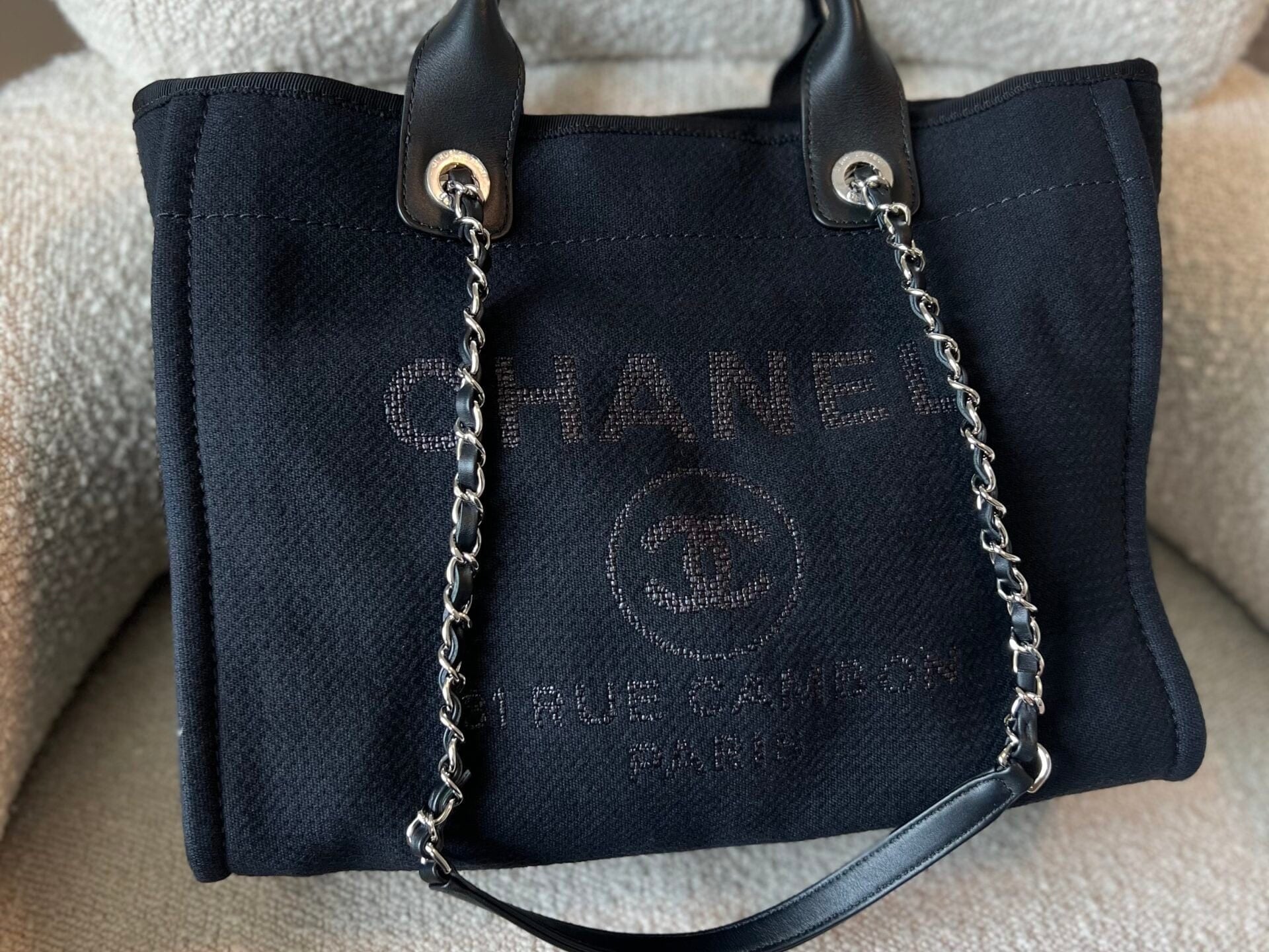 CHANEL Handbag Small Black Deauville Shopping Bag Silver Hardware - Redeluxe
