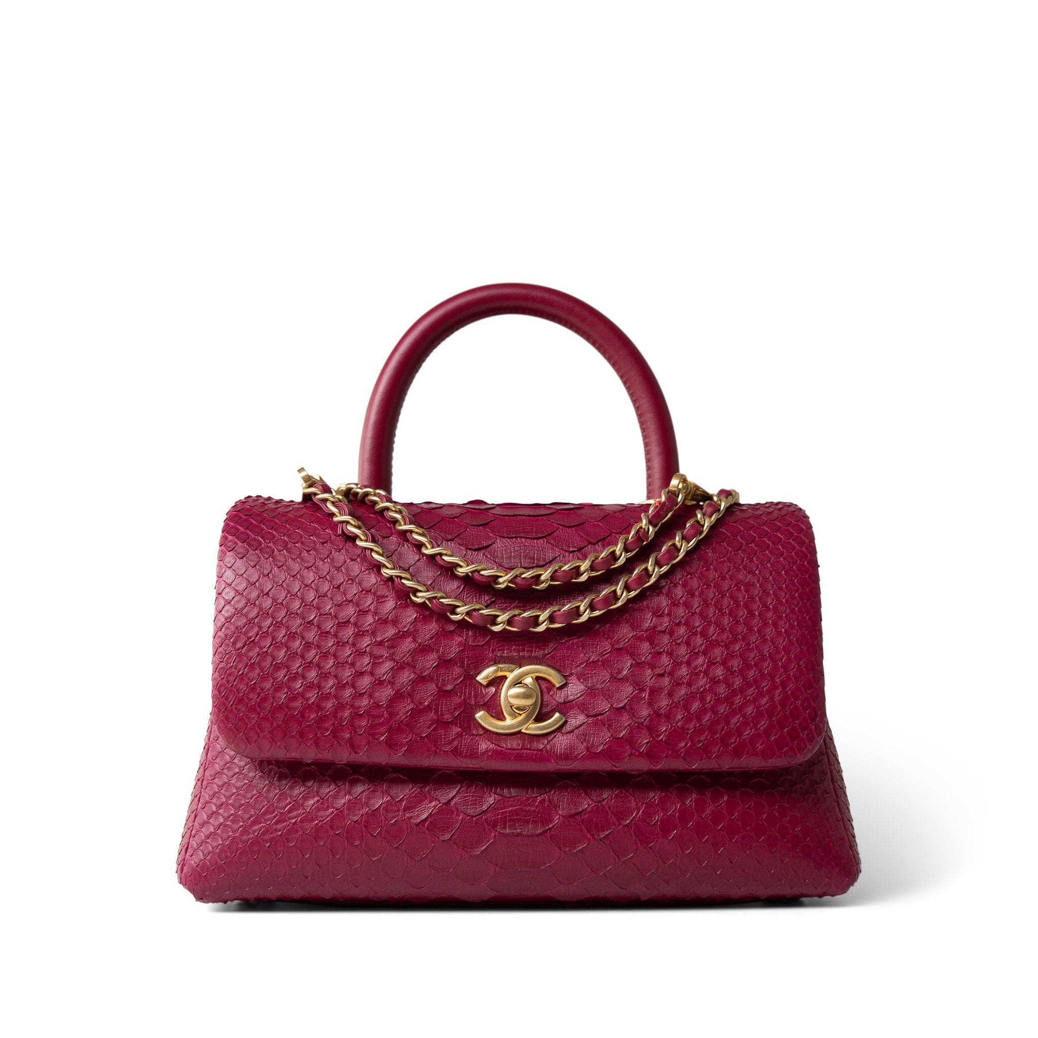 CHANEL Handbag Small / Old Mini Burgundy Python Coco Handle Aged Gold Hardware - Redeluxe