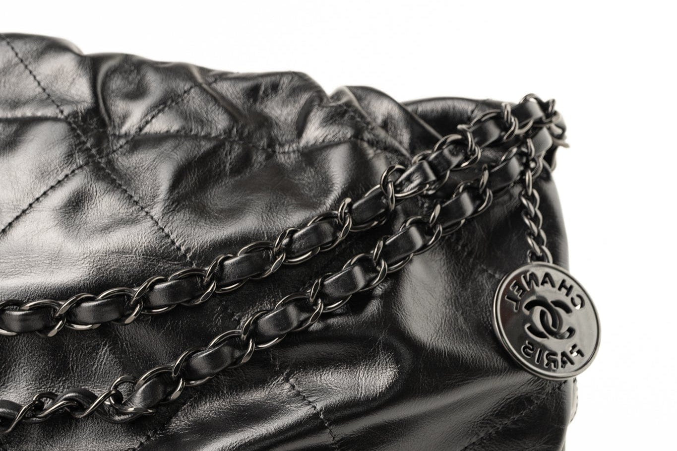 CHANEL Handbag So Black Calfskin Quilted Drawstring 22 Bag medium Black Hardware - Redeluxe