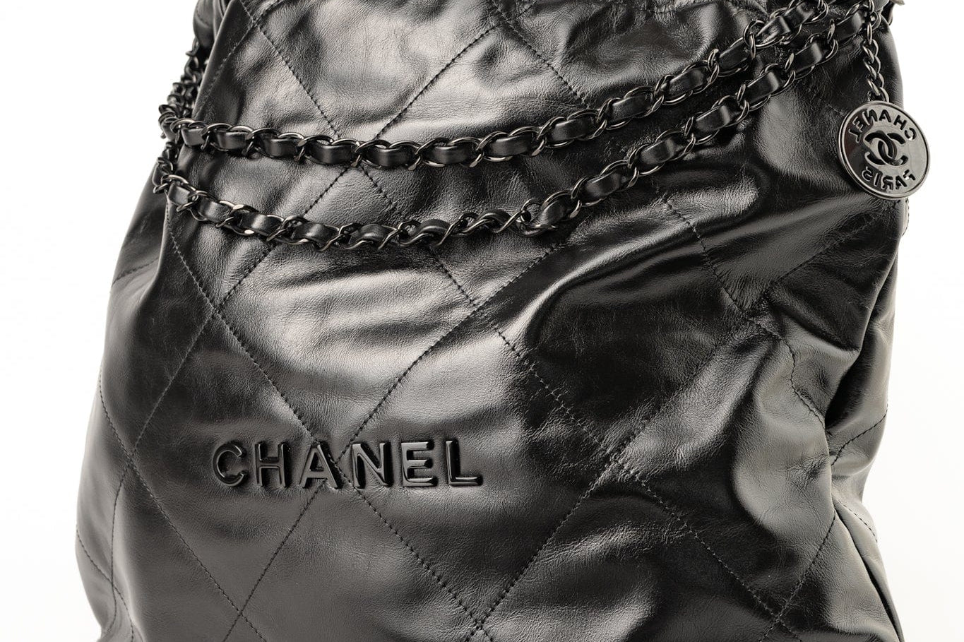 CHANEL Handbag So Black Calfskin Quilted Drawstring 22 Bag medium Black Hardware - Redeluxe