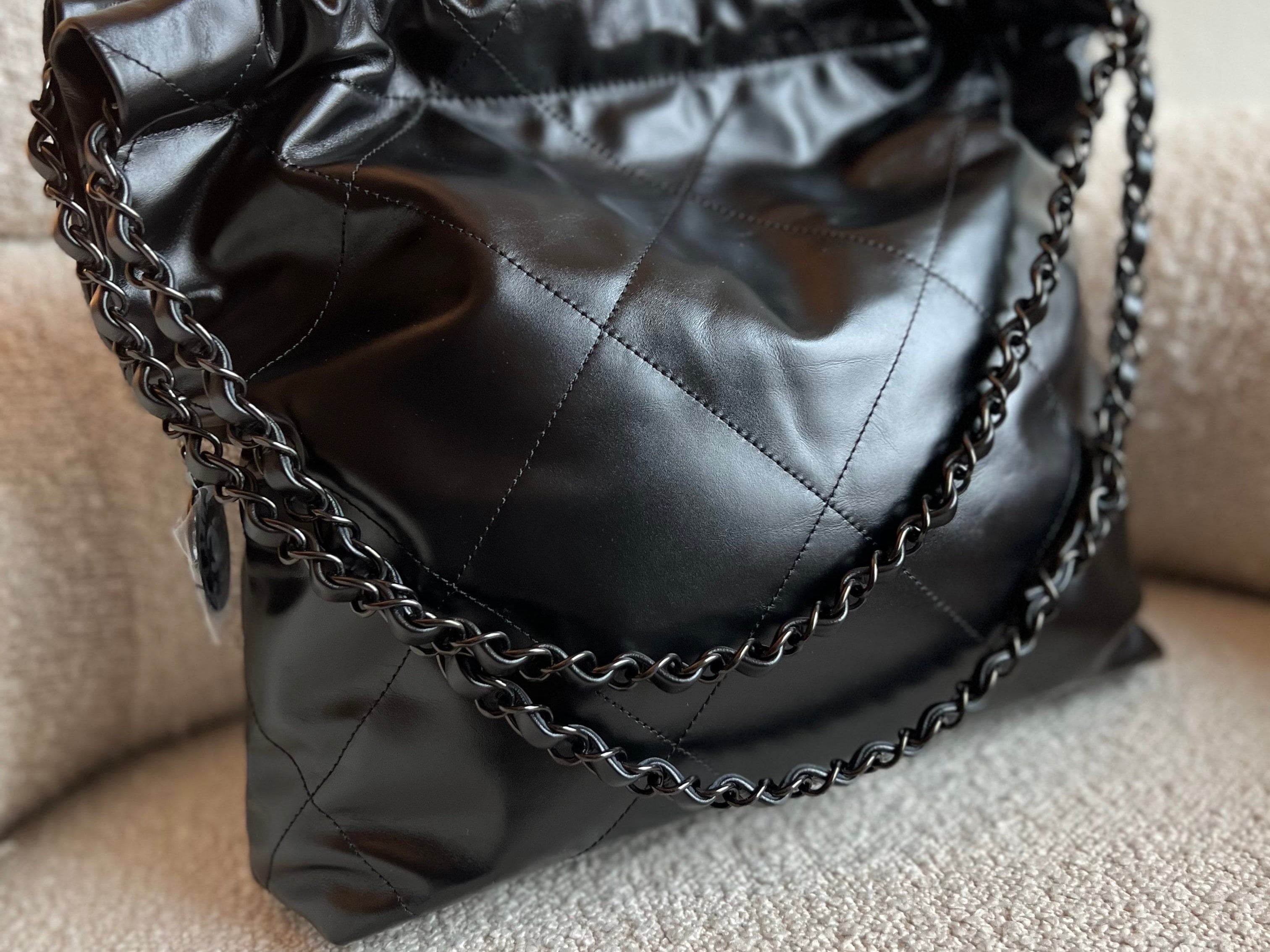 CHANEL Handbag So Black Calfskin Quilted Drawstring 22 Bag small Black Hardware - Redeluxe