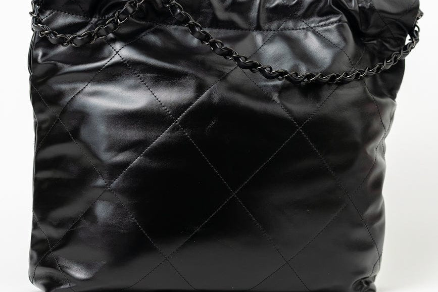 CHANEL Handbag So Black Calfskin Quilted Drawstring 22 Bag small Black Hardware - Redeluxe