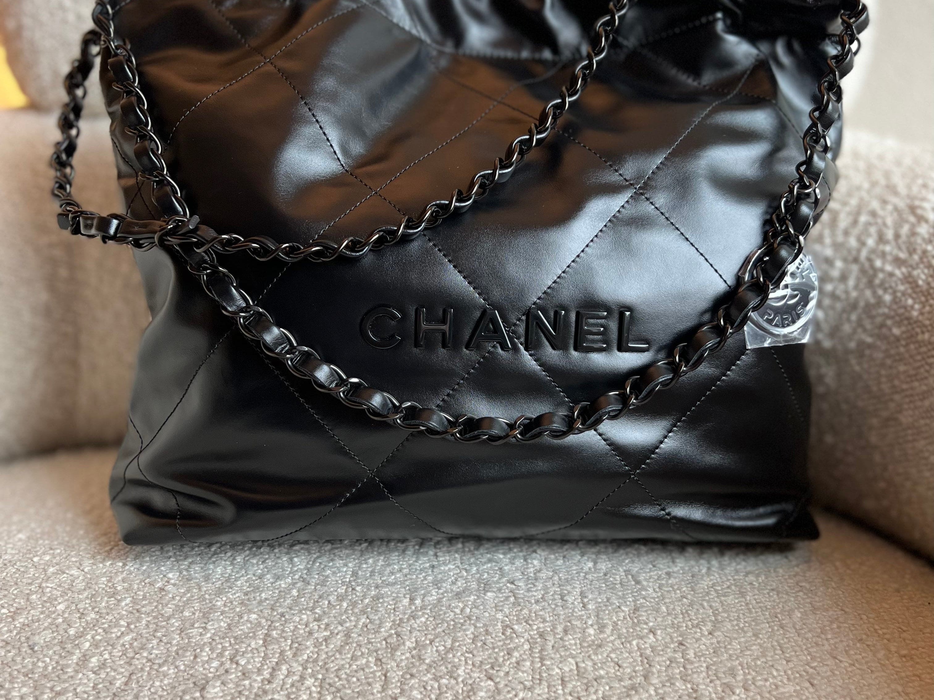 CHANEL Handbag So Black Calfskin Quilted Drawstring 22 Bag small Black Hardware - Redeluxe