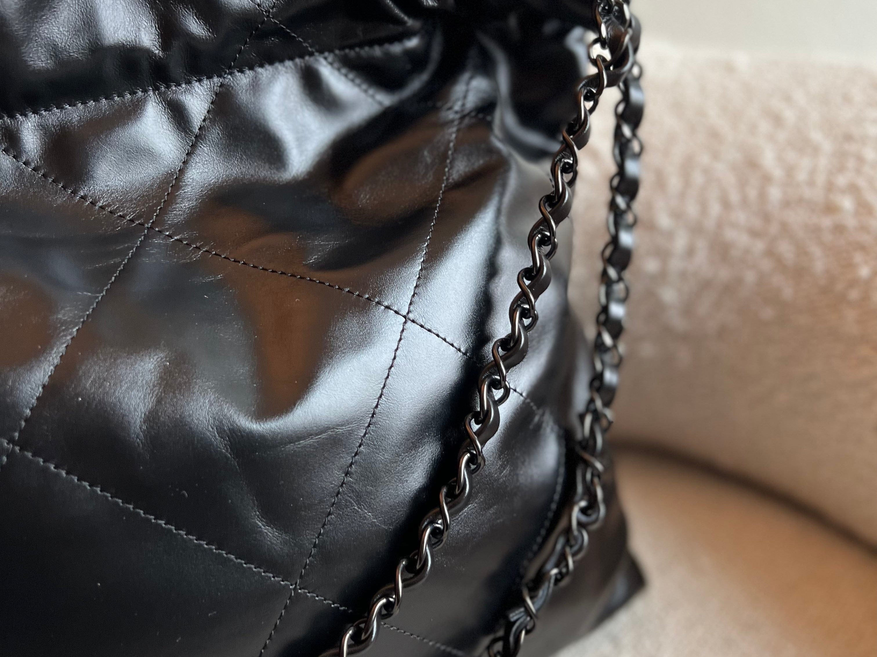 CHANEL Handbag So Black Calfskin Quilted Drawstring 22 Bag small Black Hardware - Redeluxe