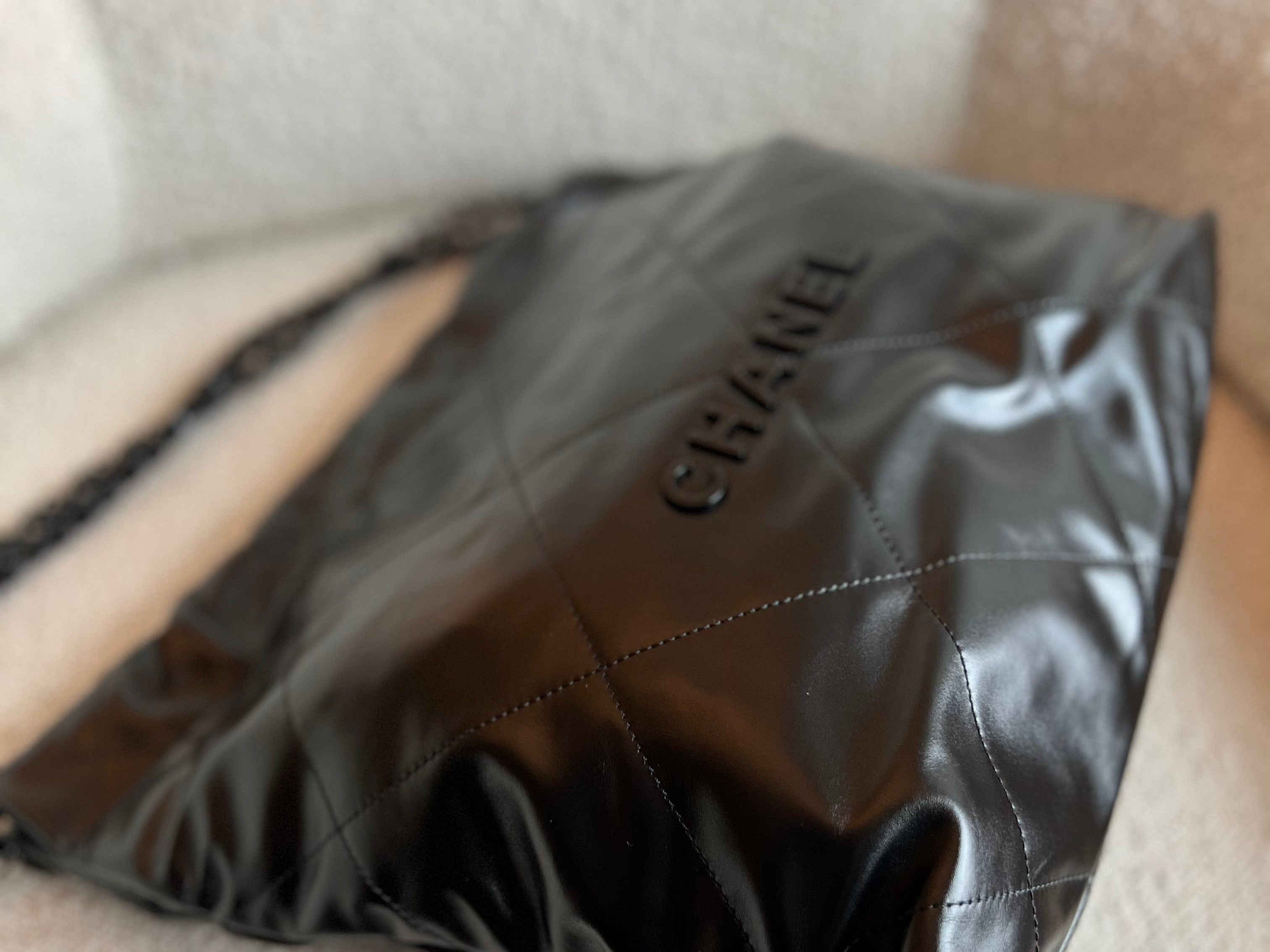CHANEL Handbag So Black Calfskin Quilted Drawstring 22 Bag small Black Hardware - Redeluxe