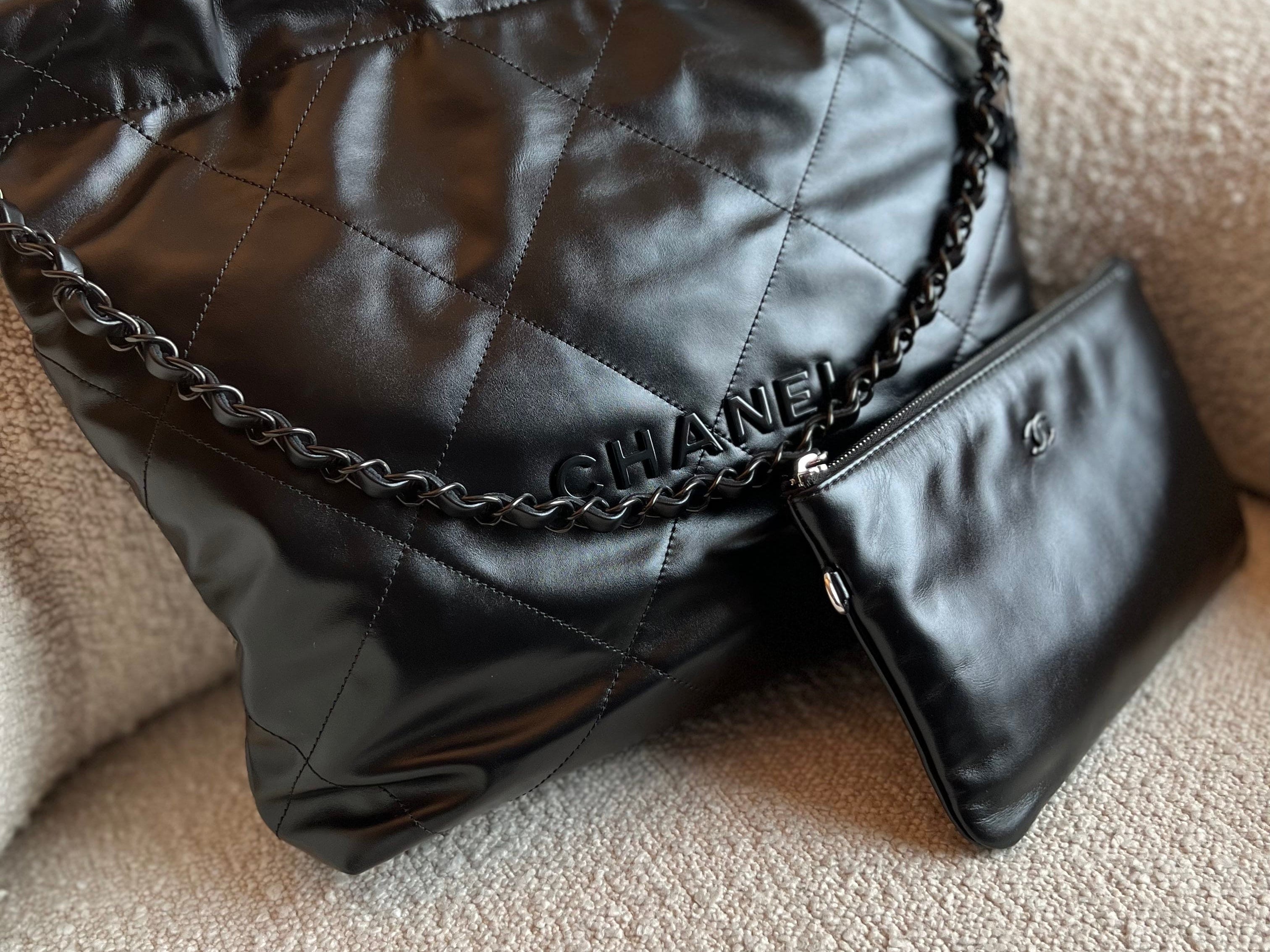 CHANEL Handbag So Black Calfskin Quilted Drawstring 22 Bag small Black Hardware - Redeluxe