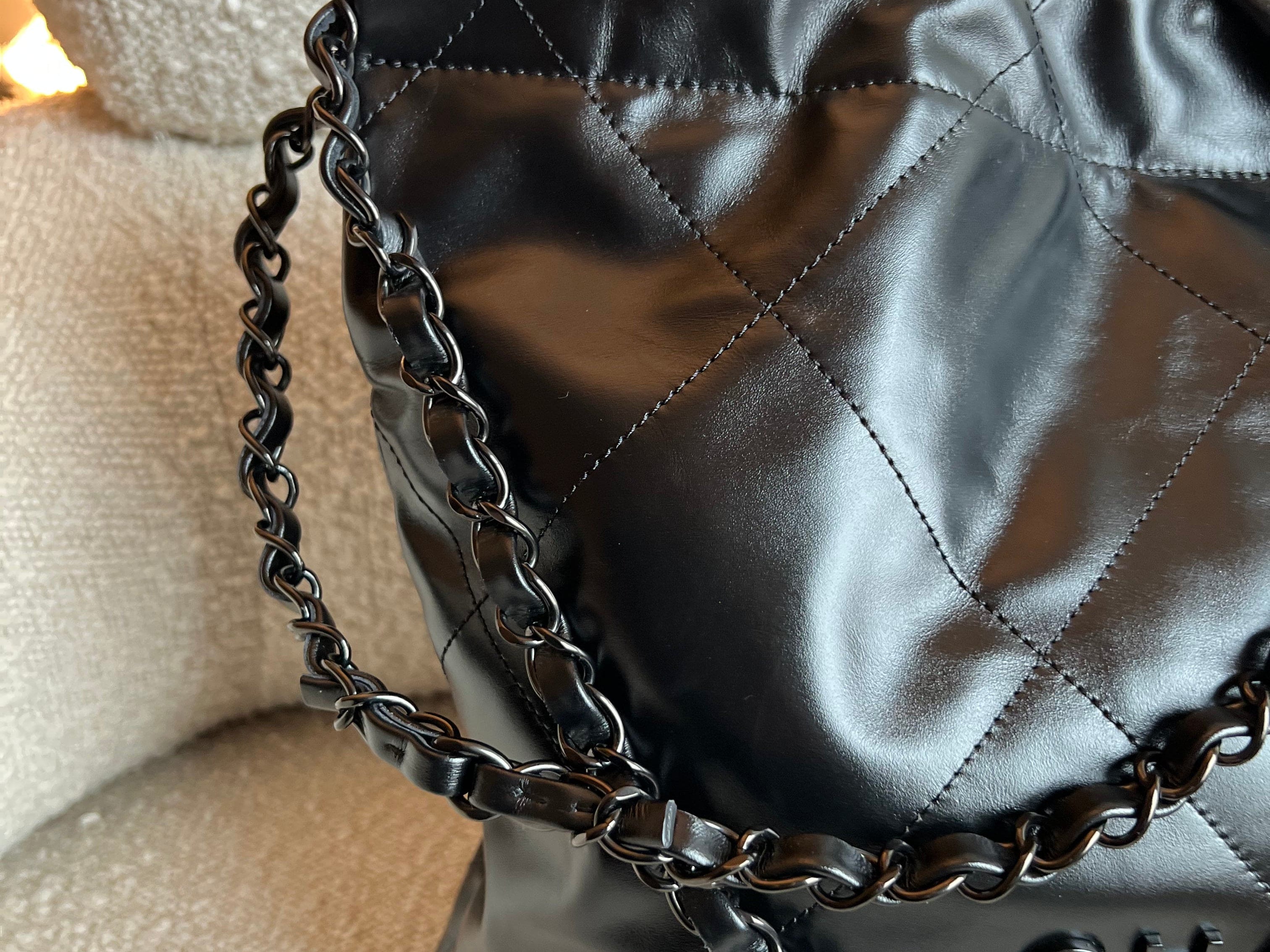 CHANEL Handbag So Black Calfskin Quilted Drawstring 22 Bag small Black Hardware - Redeluxe