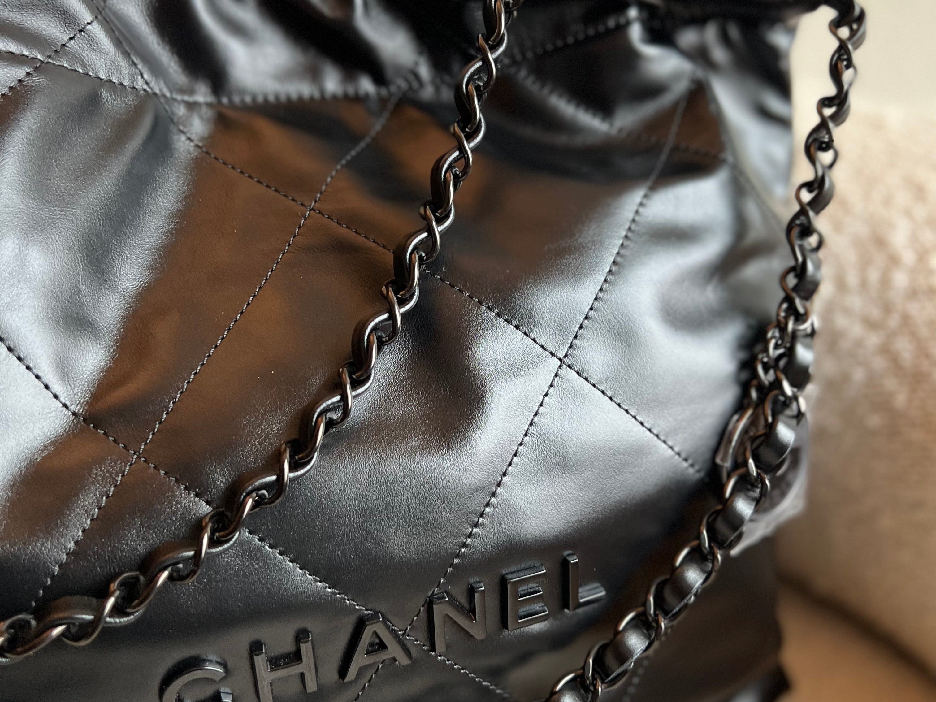 CHANEL Handbag So Black Calfskin Quilted Drawstring 22 Bag small Black Hardware - Redeluxe