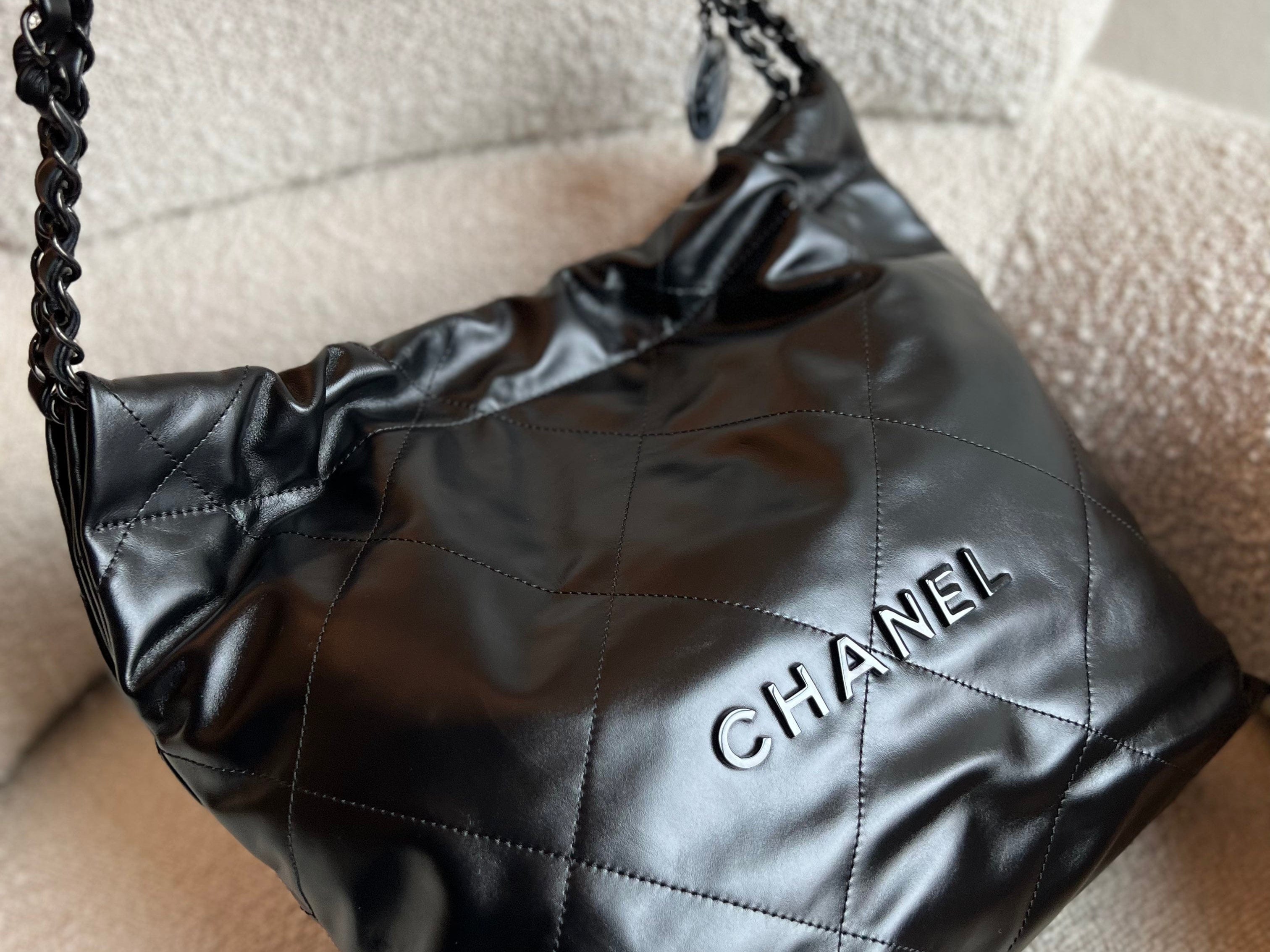 CHANEL Handbag So Black Calfskin Quilted Drawstring 22 Bag small Black Hardware - Redeluxe