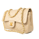 CHANEL Handbag Vintage Beige Lambskin Quilted Classic Flap Small Gold Hardware - Redeluxe