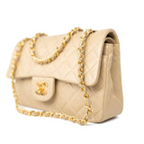 CHANEL Handbag Vintage Beige Lambskin Quilted Classic Flap Small Gold Hardware - Redeluxe
