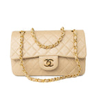CHANEL Handbag Vintage Beige Lambskin Quilted Classic Flap Small Gold Hardware - Redeluxe