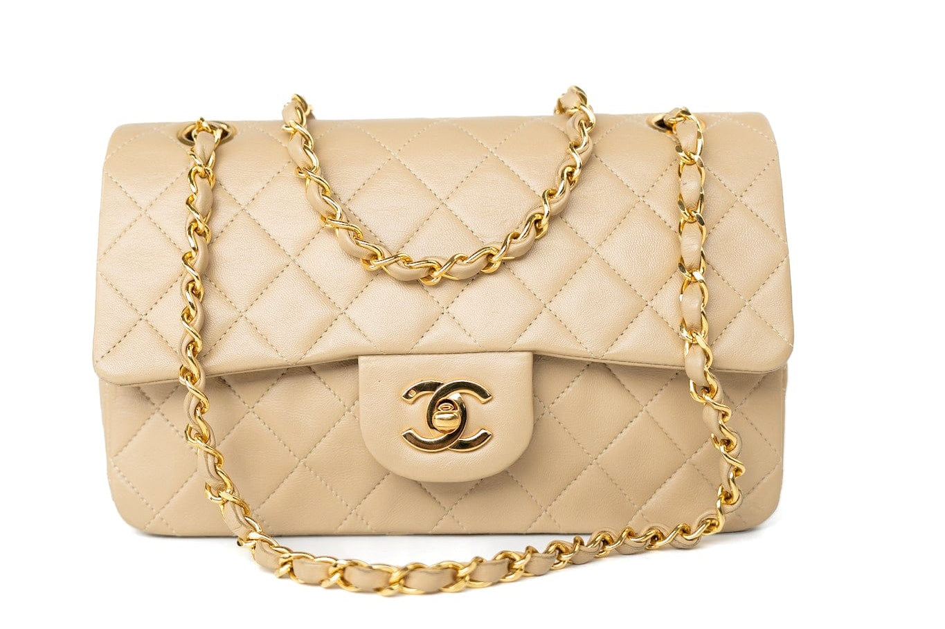 CHANEL Handbag Vintage Beige Lambskin Quilted Classic Flap Small Gold Hardware - Redeluxe