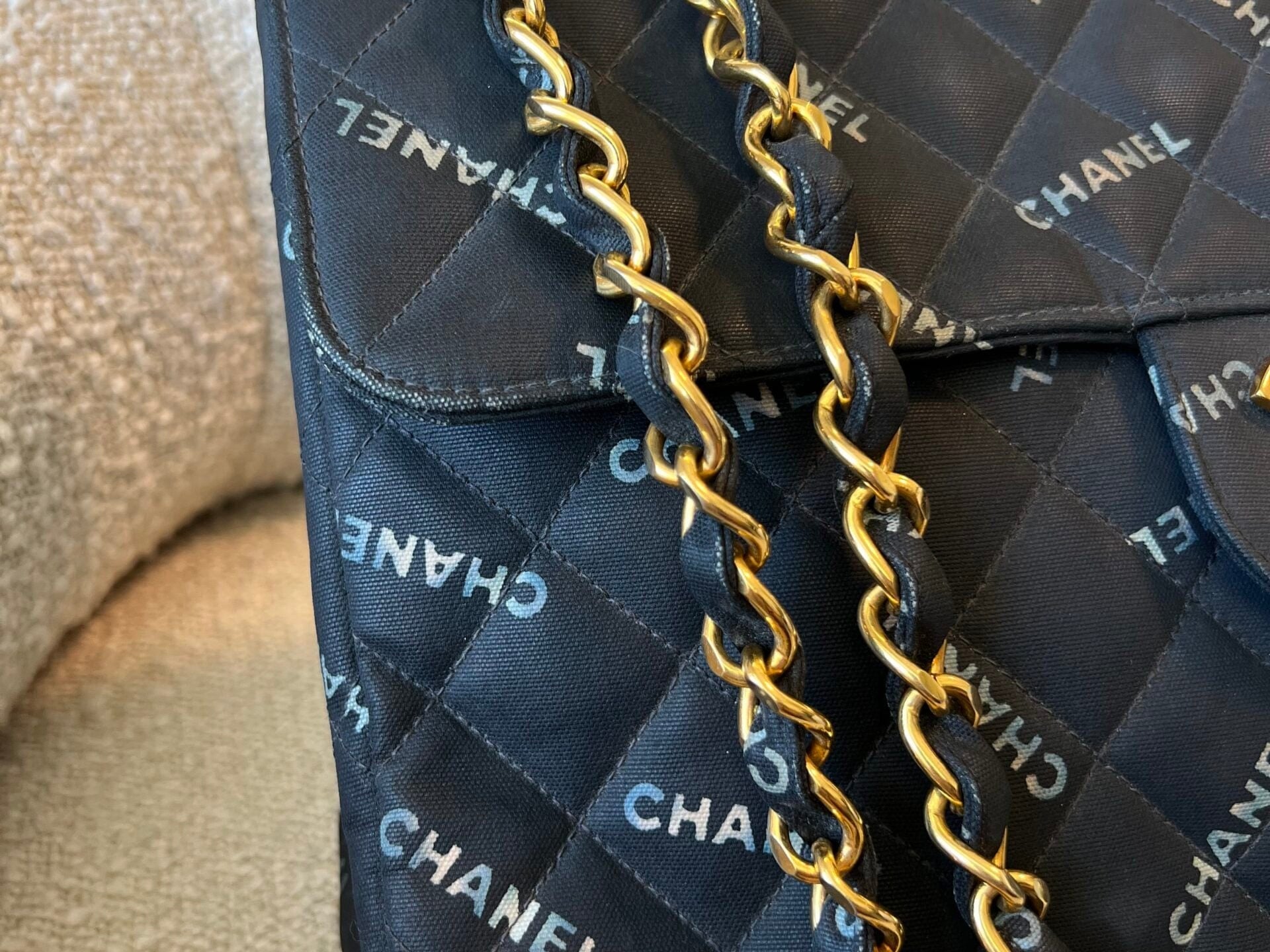 CHANEL Handbag Vintage Black Canvas Quilted  Single Flap Jumbo XL Gold Hardware - Redeluxe