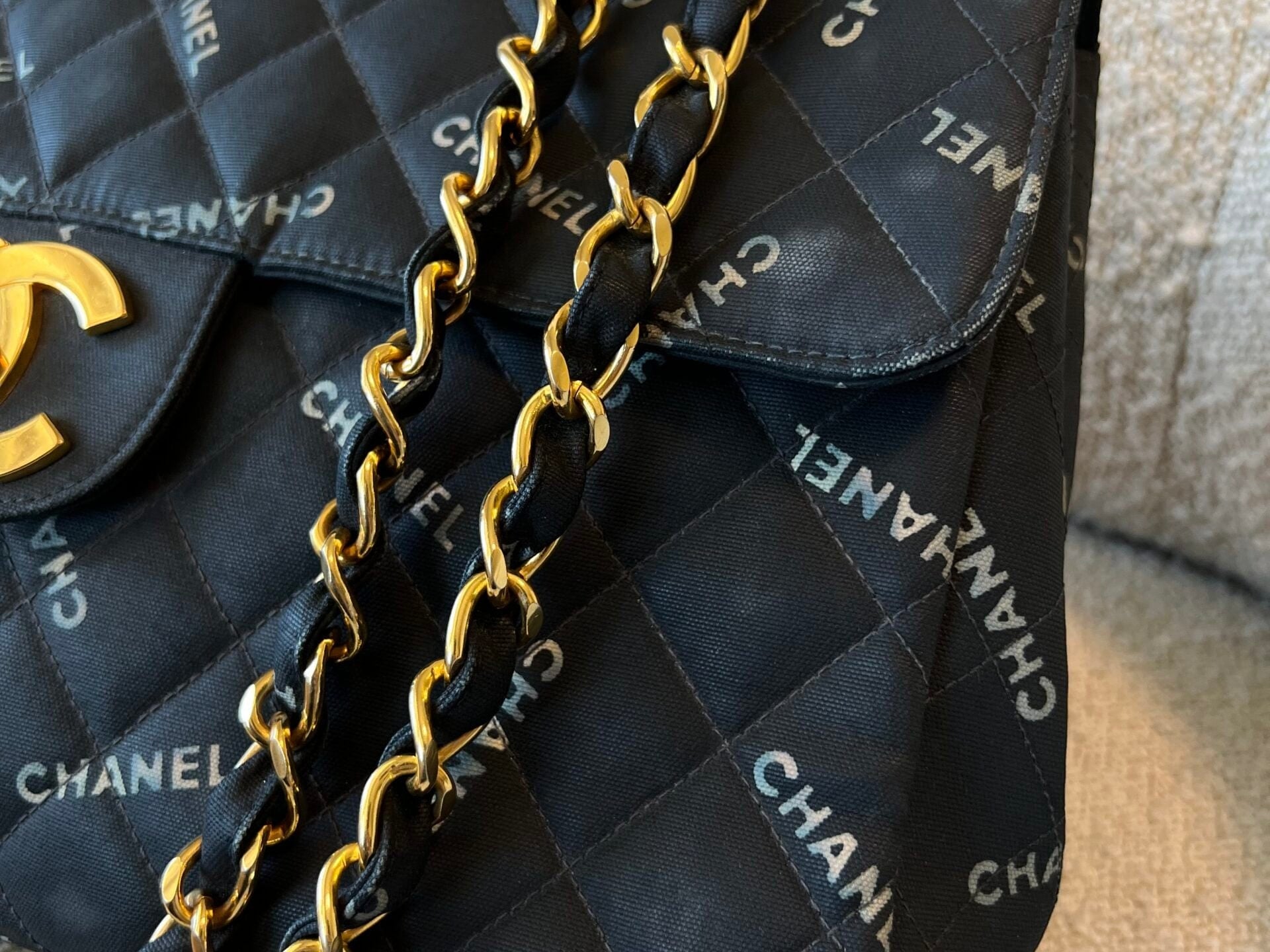 CHANEL Handbag Vintage Black Canvas Quilted  Single Flap Jumbo XL Gold Hardware - Redeluxe