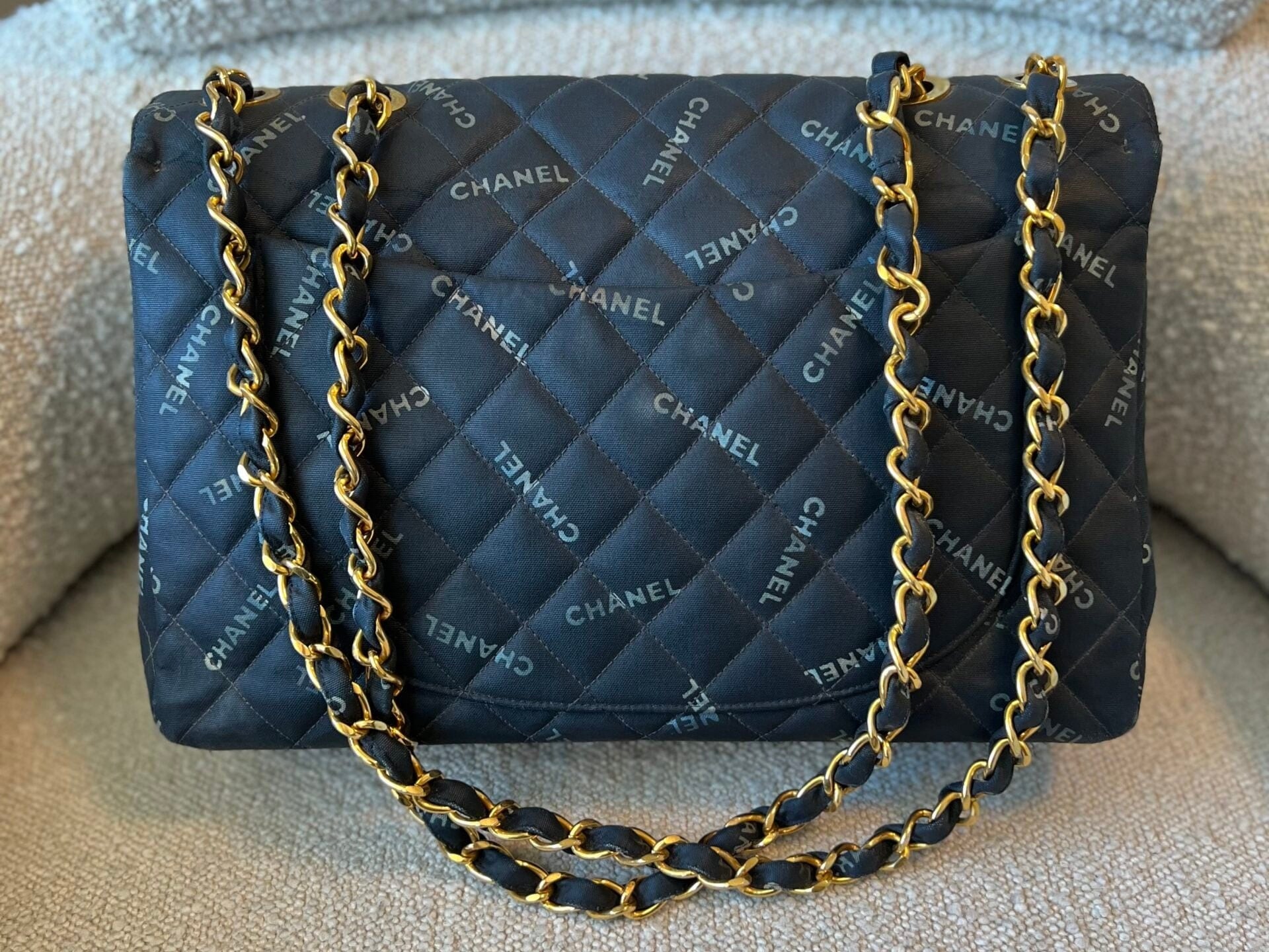 CHANEL Handbag Vintage Black Canvas Quilted  Single Flap Jumbo XL Gold Hardware - Redeluxe