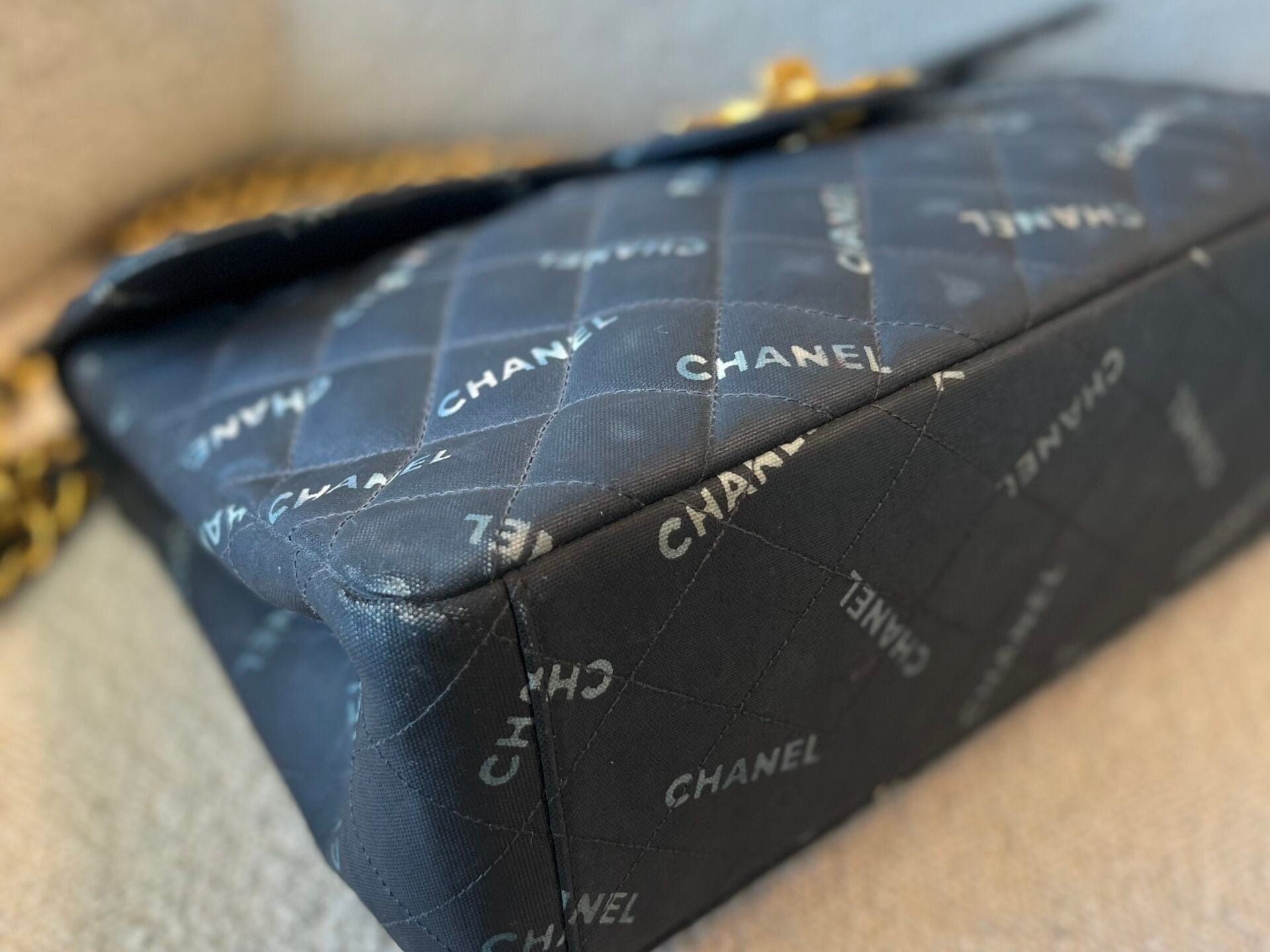 CHANEL Handbag Vintage Black Canvas Quilted  Single Flap Jumbo XL Gold Hardware - Redeluxe