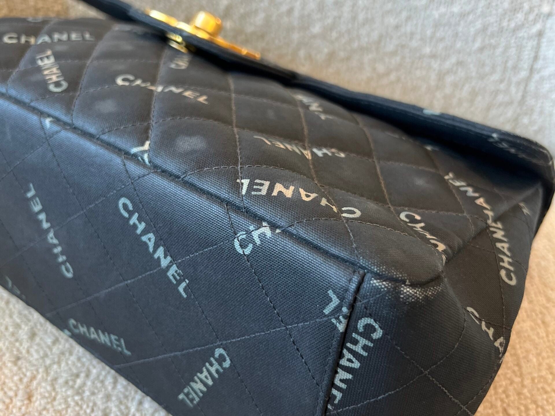 CHANEL Handbag Vintage Black Canvas Quilted  Single Flap Jumbo XL Gold Hardware - Redeluxe