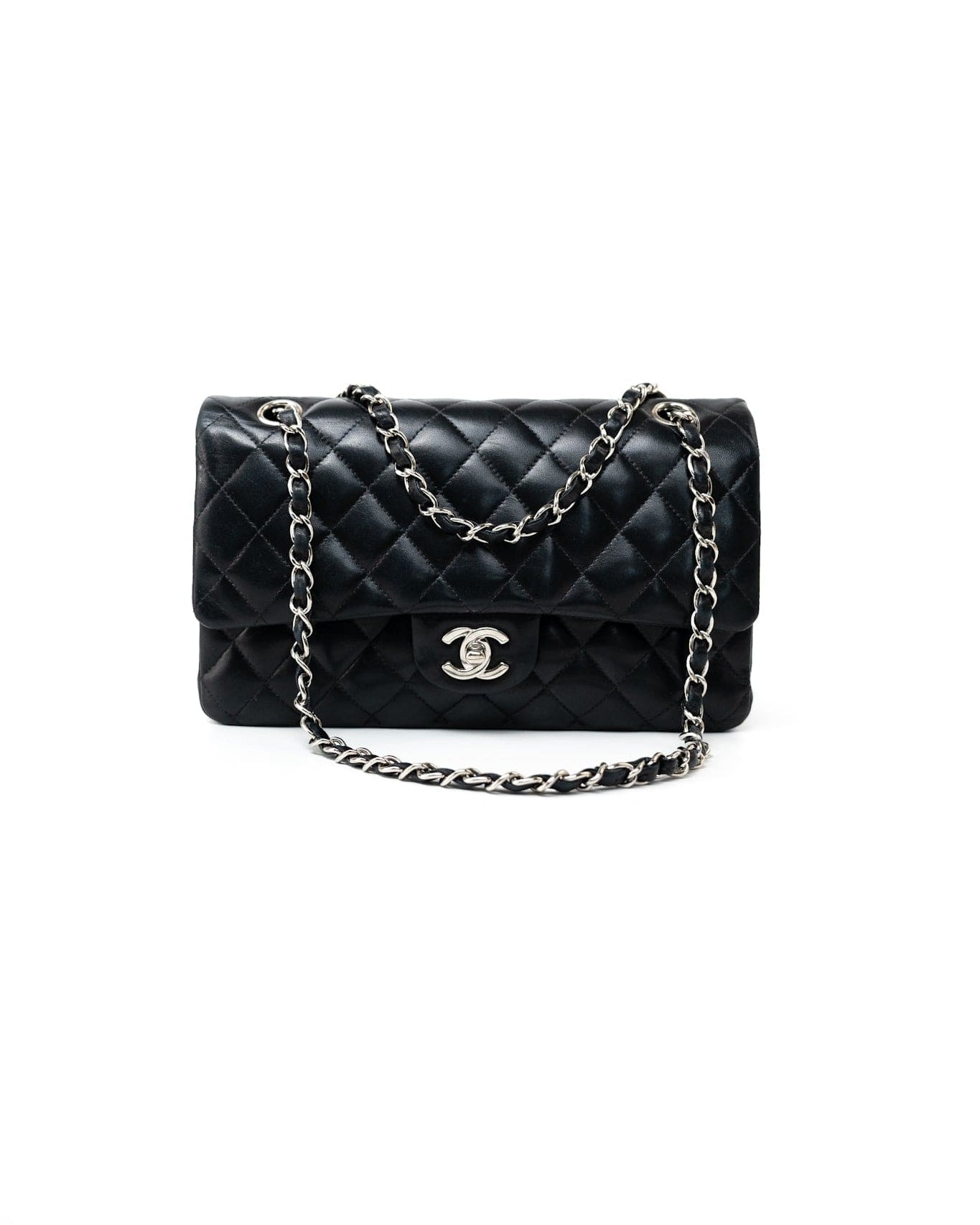CHANEL Handbag Vintage Black Lambskin Quilted Classic Flap Medium Silver Hardware - Redeluxe