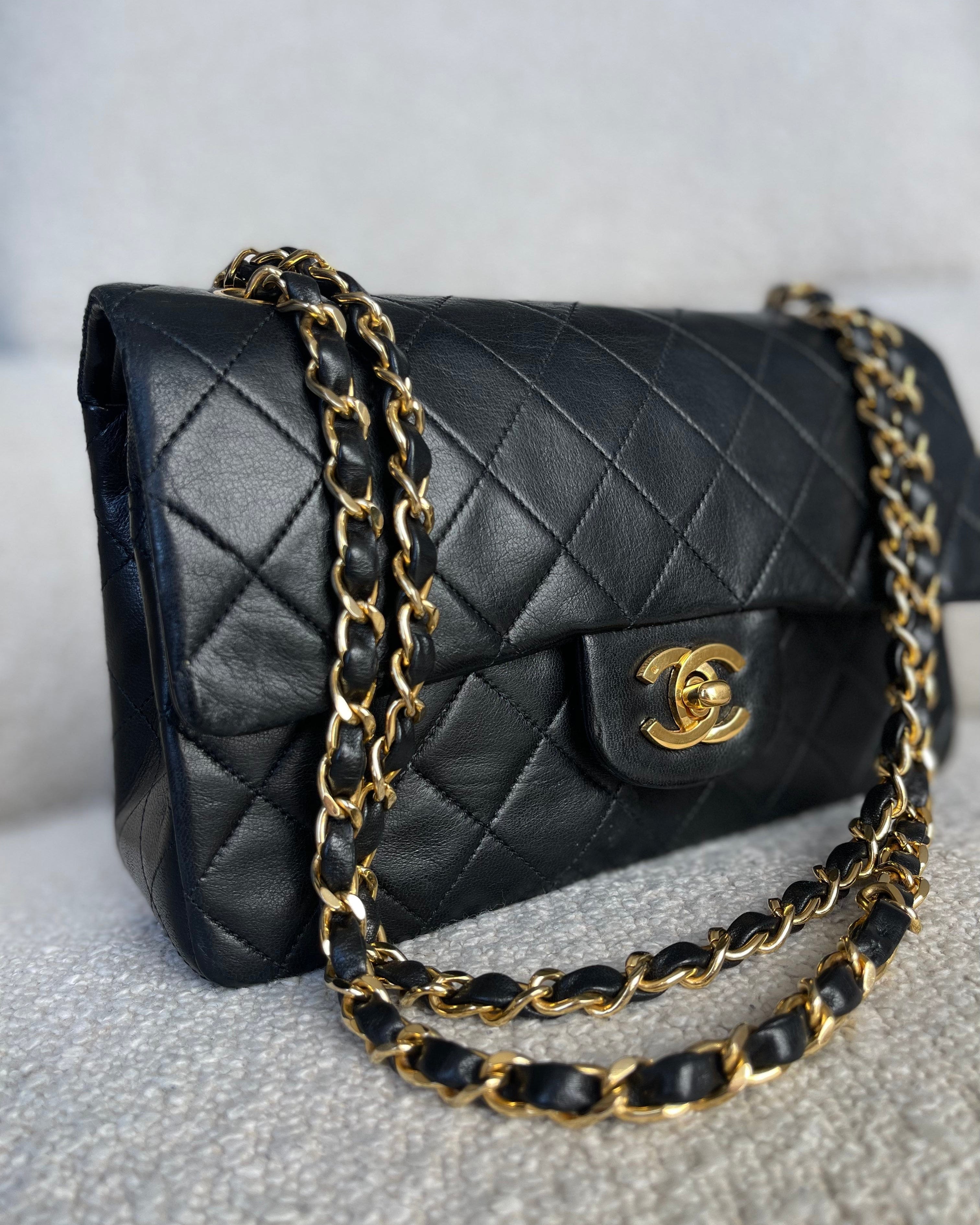 CHANEL Handbag Vintage Black Lambskin Quilted Classic Flap Small GHW - Redeluxe