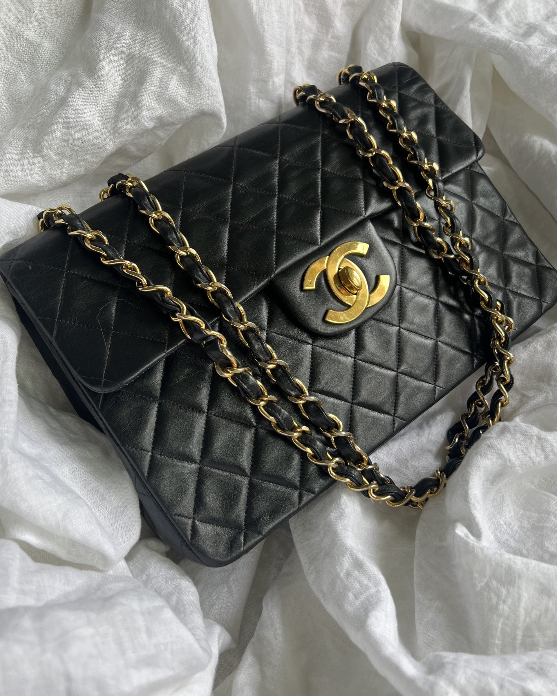 CHANEL Handbag Vintage Black Lambskin Quilted Jumbo XL Single Flap - Redeluxe