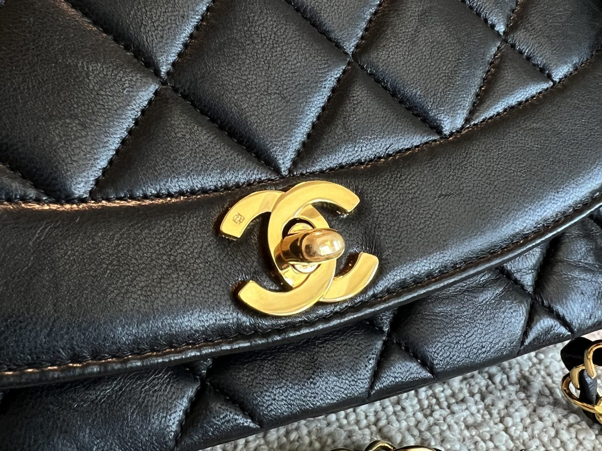 CHANEL Handbag Vintage Black Lambskin Quilted Medium Diana Flap GHW - Redeluxe