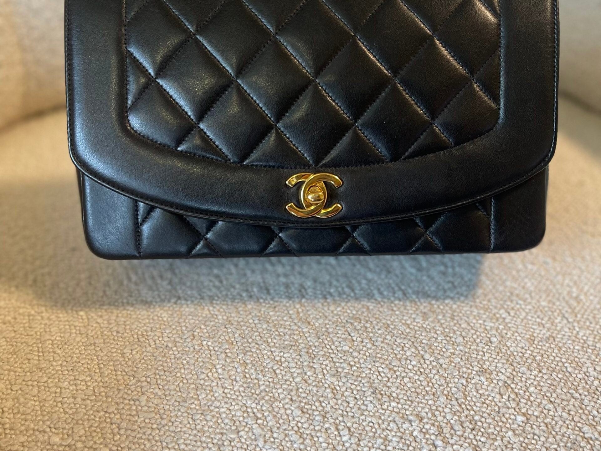 CHANEL Handbag Vintage Black Lambskin Quilted Medium Diana Flap GHW - Redeluxe