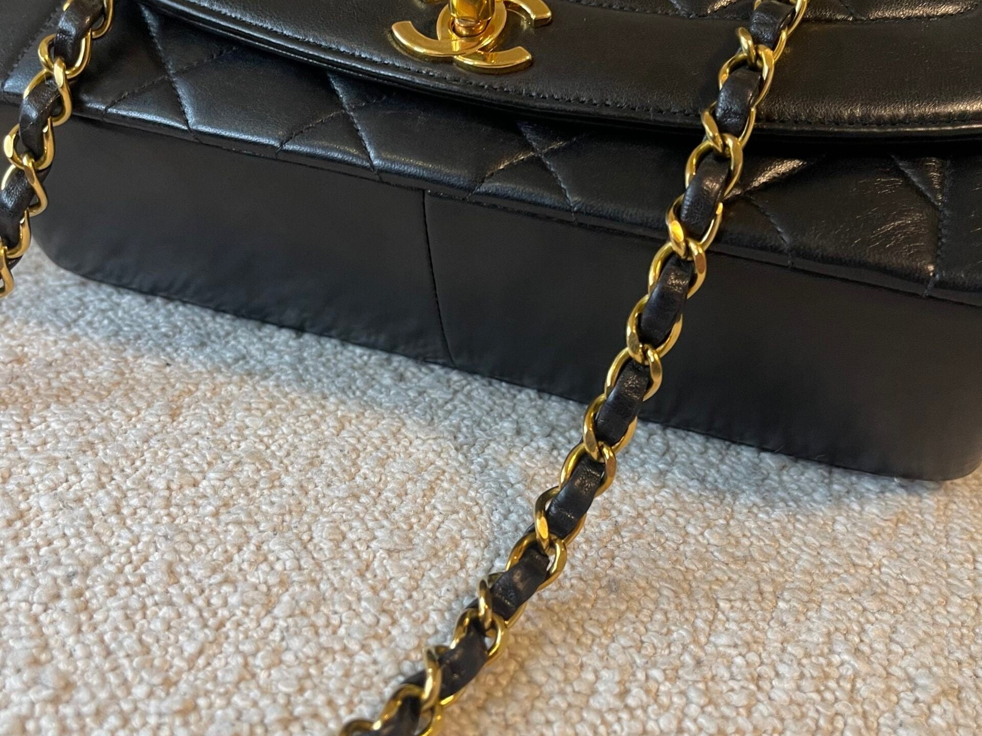 CHANEL Handbag Vintage Black Lambskin Quilted Medium Diana Flap GHW - Redeluxe