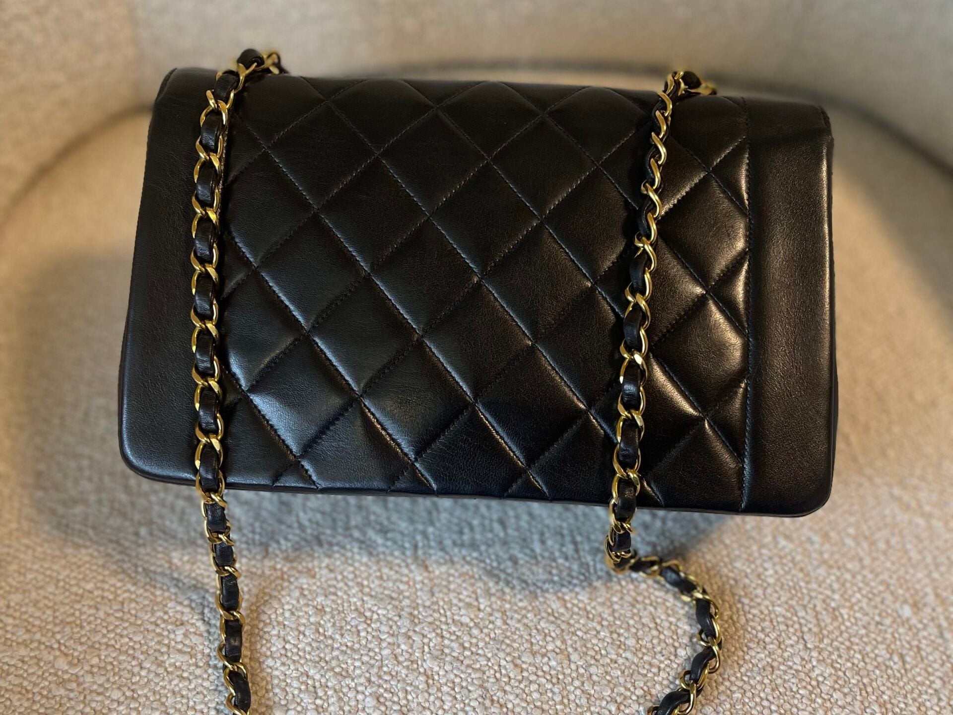 CHANEL Handbag Vintage Black Lambskin Quilted Medium Diana Flap GHW - Redeluxe