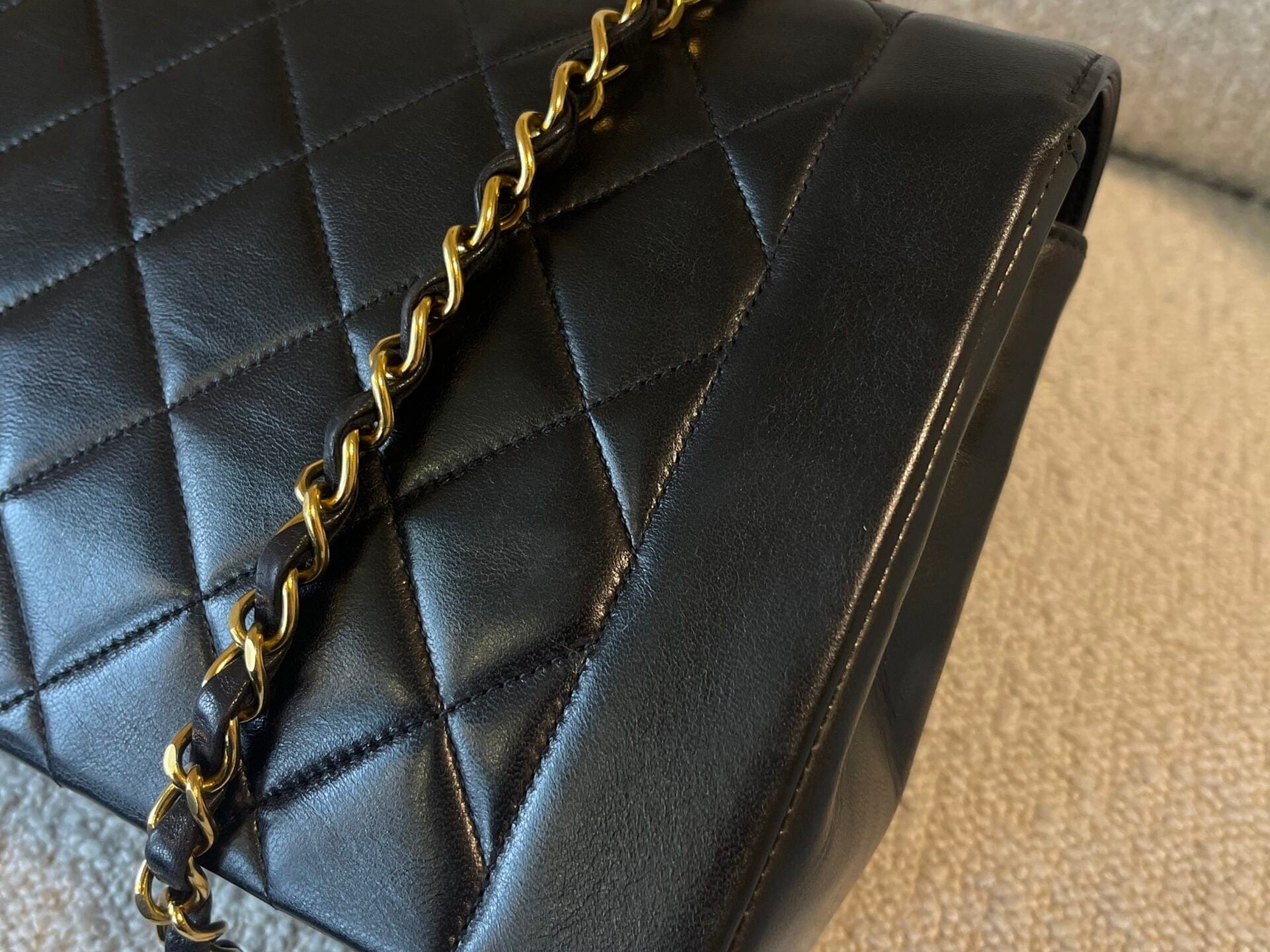 CHANEL Handbag Vintage Black Lambskin Quilted Medium Diana Flap GHW - Redeluxe