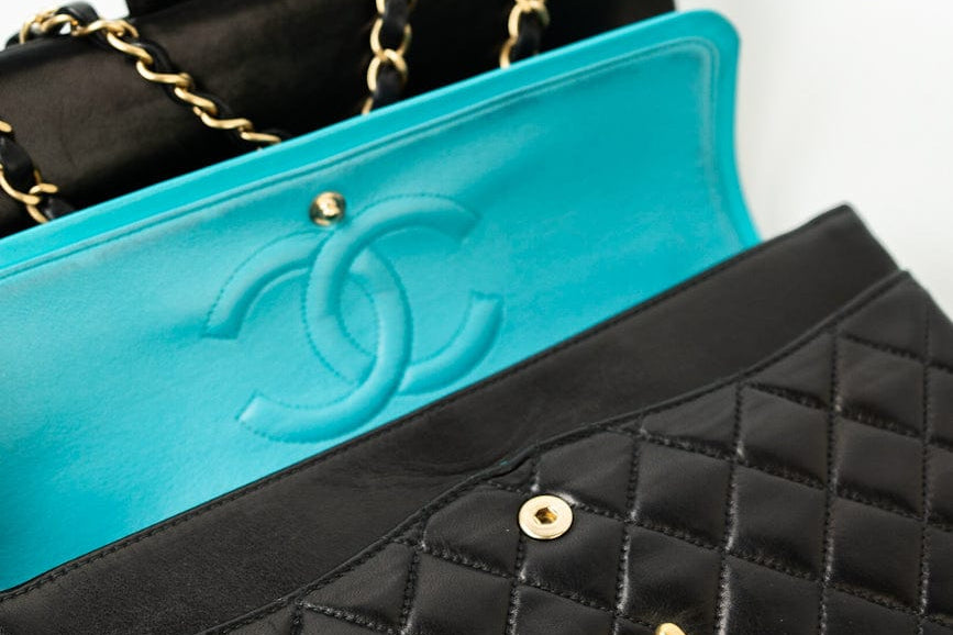 CHANEL Handbag Vintage Black / Turquoise Lambskin Quilted Classic Flap Medium AGHW - Redeluxe