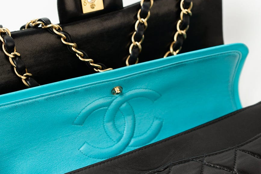 CHANEL Handbag Vintage Black / Turquoise Lambskin Quilted Classic Flap Medium AGHW - Redeluxe