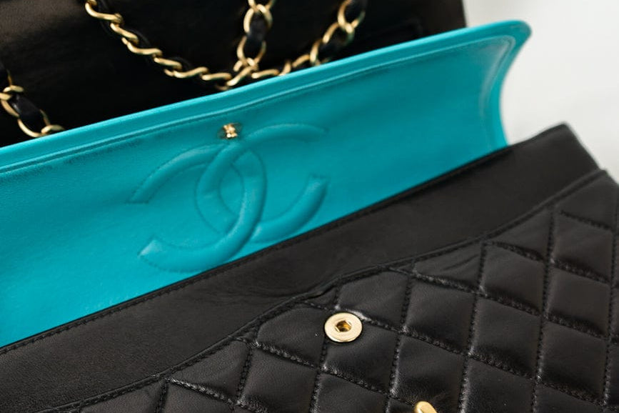 CHANEL Handbag Vintage Black / Turquoise Lambskin Quilted Classic Flap Medium AGHW - Redeluxe