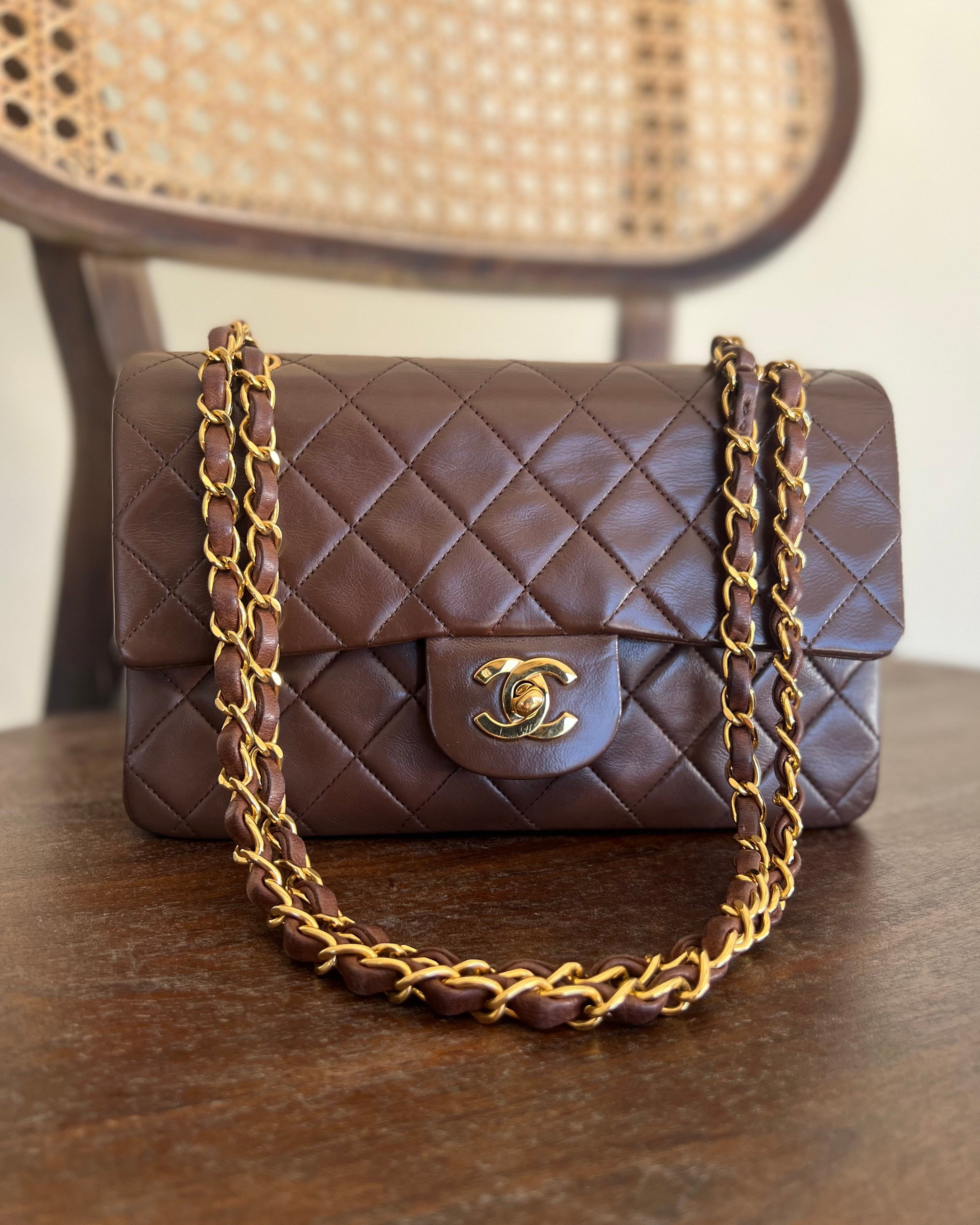 CHANEL Handbag Vintage Brown Lambskin Quilted Classic Flap Small Gold Hardware - Redeluxe